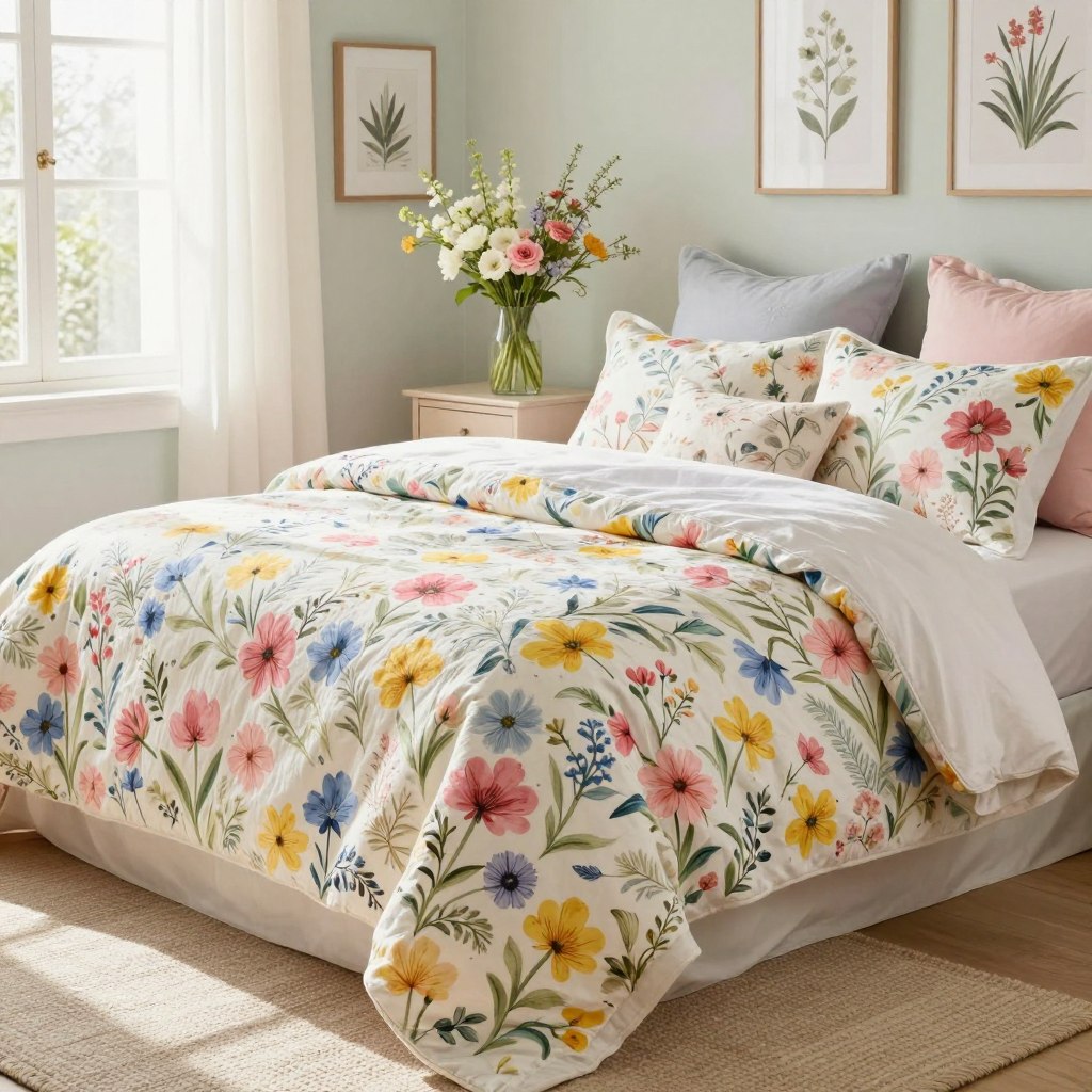 A beautifully styled spring bedroom featuring floral bedding with vibrant blooms in shades of pink, yellow, and blue. The foreground showcases a plush bed adorned with a large, botanic-printed quilt and scattered decorative pillows, each varying in floral patterns. Soft, natural light pours in from a nearby window, creating gentle highlights and shadows across the fabrics. In the middle, a delicate bedside table holds a vase of fresh spring flowers, complementing the bedding. The background reveals light pastel-colored walls adorned with botanical art prints, creating a harmonious and relaxing atmosphere. A cozy rug with a subtle weave lies beneath the bed, adding warmth to the space. The overall mood is fresh, inviting, and filled with the essence of spring.