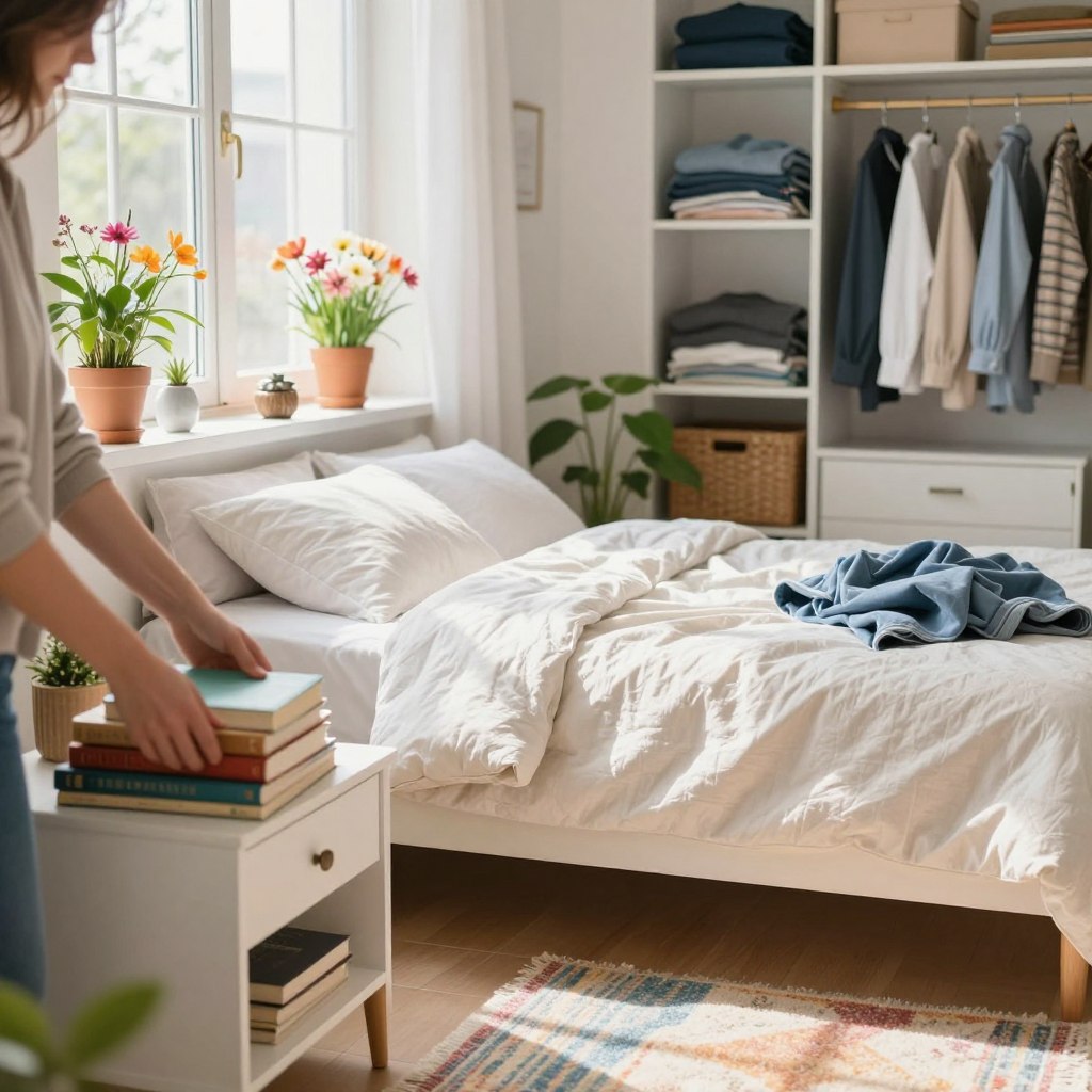 A bright, airy bedroom in the midst of a spring cleaning session. In the foreground, a person dressed in comfortable, casual clothing is cheerfully organizing a cluttered bedside table, sorting books and decorative items. In the middle ground, a bed with fresh, light-colored linens is neatly made, while a colorful rug adds a touch of warmth to the space. Potted plants and fresh flowers are placed on the windowsill, letting in soft, natural light that creates a welcoming atmosphere. The background features an open closet filled with neatly folded clothes, showcasing a well-organized and revitalized living area. The mood is vibrant and refreshing, capturing the essence of a rejuvenated space. The image is well-lit with a soft focus, resembling a bright spring day.