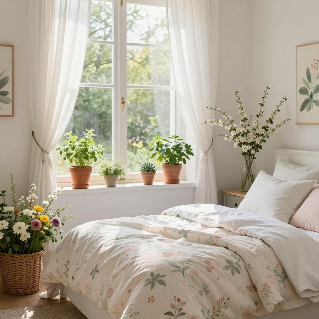 A bright and airy bedroom inspired by spring, featuring outdoor elements such as lush green plants and delicate flowering branches adorning a cozy, white bed. In the foreground, a soft, pastel-colored duvet set with floral patterns, and a wicker basket filled with fresh seasonal blooms. The middle layer showcases a large window with sheer curtains gently billowing in a light breeze, letting in warm sunlight that creates a serene atmosphere. Potted herbs and succulents sit on the windowsill, enhancing the fresh feel. In the background, a nature-inspired wall art piece and soft, natural textures add depth. The overall mood is rejuvenating and tranquil, captured in a balanced, inviting composition. Use soft, bright lighting and a gentle focus to evoke a sense of calm and renewal.