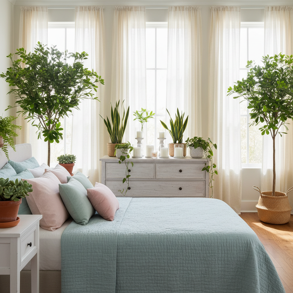 A bright and airy spring bedroom showcasing fresh decor infused with indoor plants. In the foreground, a cozy, neatly made bed adorned with pastel-colored pillows and a light quilt. On each bedside table, potted succulents and ferns add a touch of greenery. The middle ground features a stylish dresser topped with decorative items like candles and small, leafy plants, creating a harmonious balance between elegance and nature. In the background, large windows allow natural light to flood the room, casting soft shadows and illuminating the vibrant green foliage. Light, airy curtains gently sway in a soft breeze, enhancing the peaceful, rejuvenating atmosphere of spring. The scene conveys a sense of calm and vitality, perfect for a refreshing bedroom retreat.