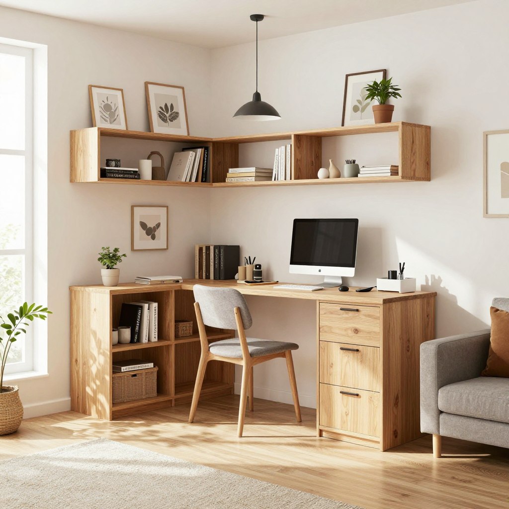 A bright and cozy studio apartment layout showcasing innovative small space design. In the foreground, include a stylish, multifunctional furniture arrangement with a compact sofa bed and a foldable dining table. The middle ground features an open kitchen area with modern appliances and open shelving. In the background, a well-organized bedroom nook separated by a light, airy curtain. Use soft, natural lighting to create a warm and inviting atmosphere, with a slight glow highlighting textures of the wooden floors and stylish decor elements like plants and wall art. Capture the scene from a wide-angle perspective to emphasize the space, conveying a sense of comfort and functionality ideal for maximizing small living areas. A bright and cozy studio apartment layout showcasing innovative small space design. In the foreground, include a stylish, multifunctional furniture arrangement with a compact sofa bed and a foldable dining table. The middle ground features an open kitchen area with modern appliances and open shelving. In the background, a well-organized bedroom nook separated by a light, airy curtain. Use soft, natural lighting to create a warm and inviting atmosphere, with a slight glow highlighting textures of the wooden floors and stylish decor elements like plants and wall art. Capture the scene from a wide-angle perspective to emphasize the space, conveying a sense of comfort and functionality ideal for maximizing small living areas.