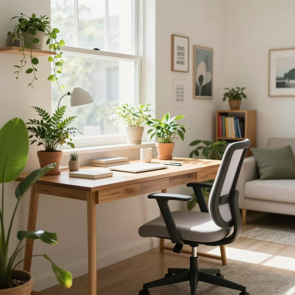A bright and inspiring home office layout featuring a stylish desk made of natural wood, surrounded by lush green plants. In the foreground, a modern ergonomic chair with soft cushions. The middle area shows a wall adorned with creative art pieces and motivational quotes. A large window allows abundant natural light to flood the space, casting gentle shadows. In the background, a cozy reading nook with a small bookshelf filled with colorful books adds warmth. The image is captured from an angle that emphasizes openness and productivity, with a soft-focus effect, evoking a calm and motivating atmosphere. The color palette is soothing, with light neutrals and pops of greenery, promoting a sense of tranquility and focus. A bright and inspiring home office layout featuring a stylish desk made of natural wood, surrounded by lush green plants. In the foreground, a modern ergonomic chair with soft cushions. The middle area shows a wall adorned with creative art pieces and motivational quotes. A large window allows abundant natural light to flood the space, casting gentle shadows. In the background, a cozy reading nook with a small bookshelf filled with colorful books adds warmth. The image is captured from an angle that emphasizes openness and productivity, with a soft-focus effect, evoking a calm and motivating atmosphere. The color palette is soothing, with light neutrals and pops of greenery, promoting a sense of tranquility and focus.