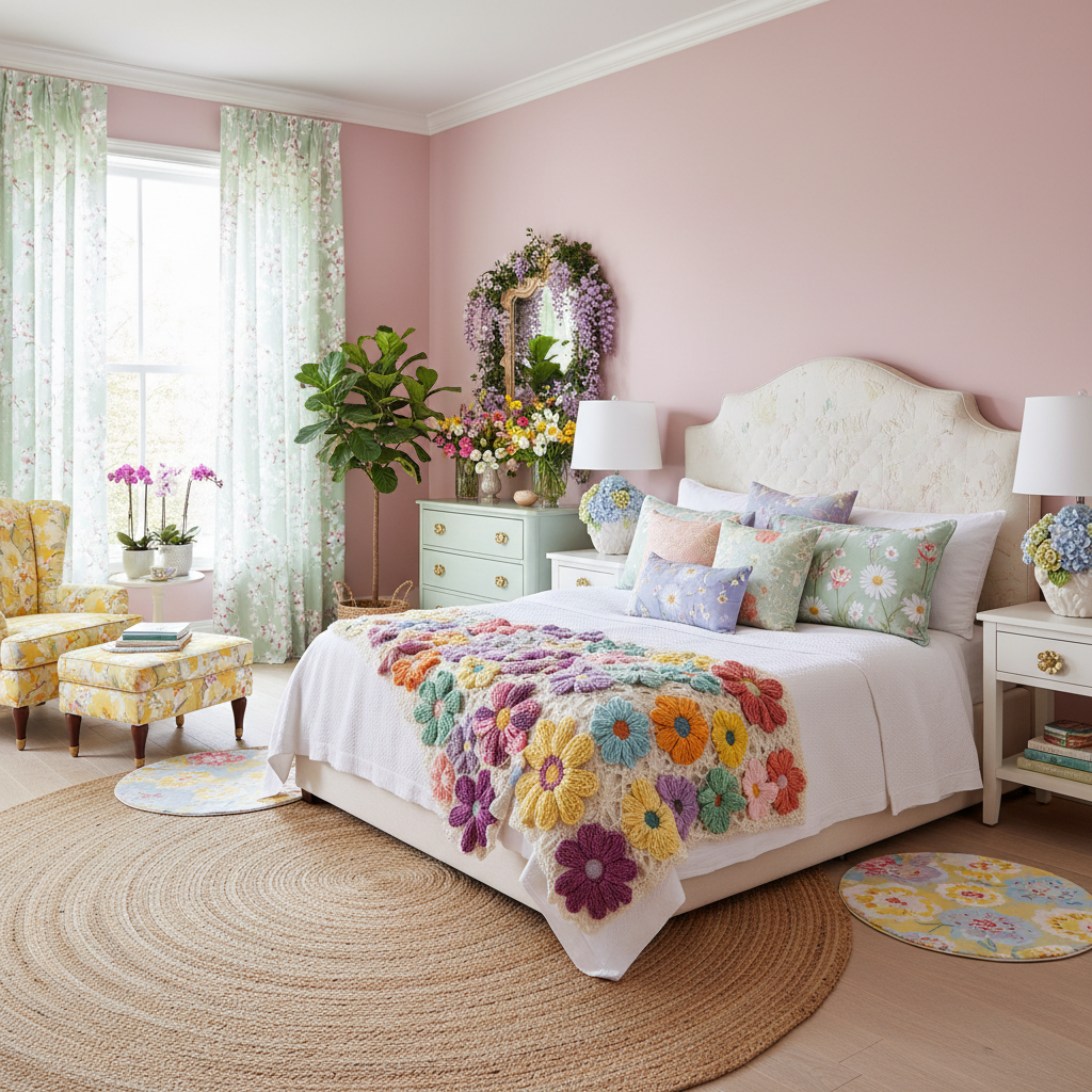 A bright and inviting spring-inspired bedroom, showcasing soft pastel colors like mint green and lavender. In the foreground, a neatly made bed features a floral-patterned quilt and an assortment of fluffy pillows. Scattered around the room are elegant glass jars filled with dried lavender and chamomile, hinting at relaxing aromatherapy. In the middle ground, a stylish nightstand holds an essential oil diffuser, gently emitting wisps of soothing steam, while a vibrant potted plant adds a touch of nature. The background reveals a large window adorned with sheer curtains, allowing warm, natural sunlight to flood the space. The atmosphere is serene and rejuvenating, encapsulating the essence of spring, with a sense of tranquil elegance permeating the entire scene.