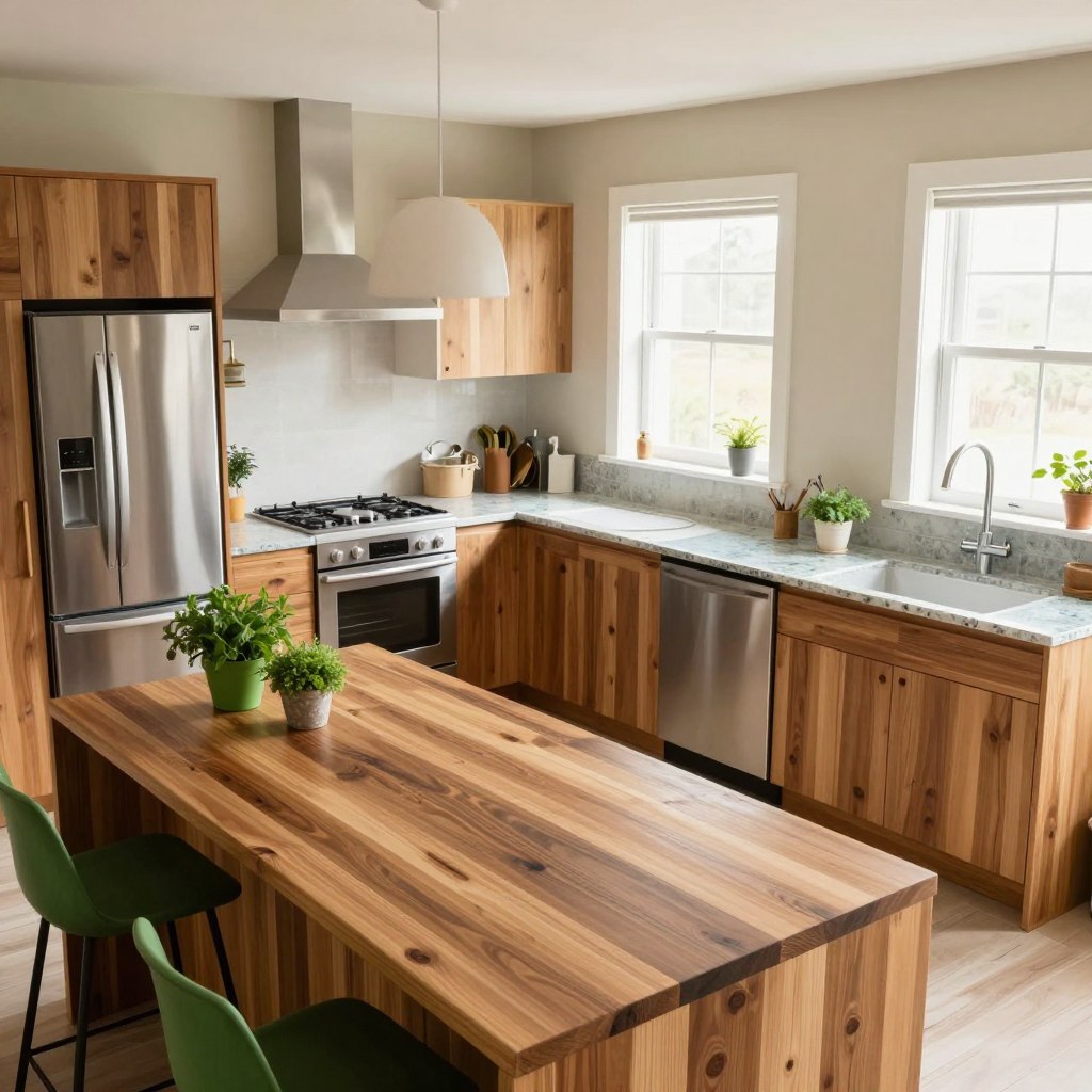 A bright, modern kitchen designed with sustainable materials and eco-friendly features. In the foreground, a sleek island made of reclaimed wood showcases green accents like potted herbs. The middle layer features energy-efficient appliances with a stainless steel finish and a countertop made of recycled glass, emphasizing minimal waste. The background reveals large windows allowing natural light to flood the space, highlighting walls painted with low-VOC paint in soft, earthy tones. Warm lighting creates an inviting atmosphere, while the arrangement conveys a balance between aesthetics and sustainability. The kitchen is devoid of clutter, embodying a harmonious blend of style and eco-conscious design. Capture this scene from a slightly elevated angle to encompass the spaciousness and warmth of the environment, ensuring a feel of comfort and modern living.