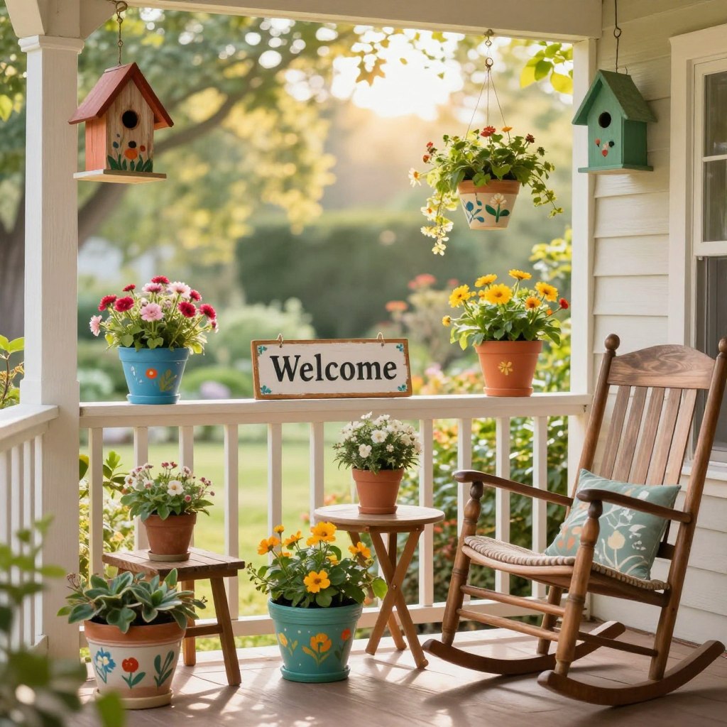 A charming porch scene showcasing various DIY decor projects, featuring colorful painted wooden signs with creative messages and whimsical outdoor artwork like hand-painted flower pots and rustic birdhouses. In the foreground, a cozy rocking chair and a small table adorned with potted plants enhance the inviting atmosphere. The middle ground includes a welcome sign hanging on a wooden rail, alongside vibrant hanging planters. The background shows a beautiful garden with soft, dappled sunlight filtering through leaves, creating a warm, serene ambiance. Use a soft focus lens to capture the details, highlighting the textures of the wood and the colors of the artwork. The overall mood is cheerful and inviting, perfect for a cozy outdoor look.