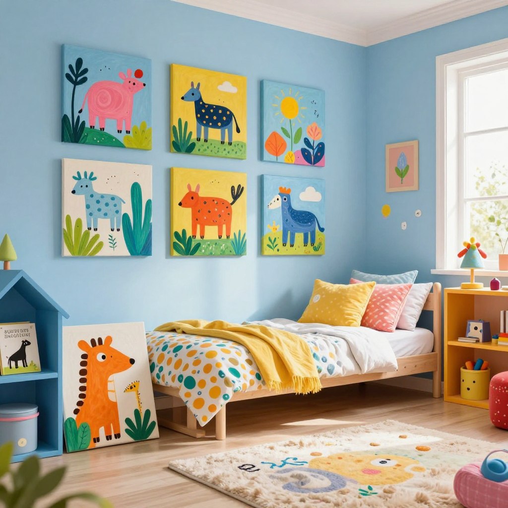 A cheerful children's room featuring vibrant wall art that sparks creativity and imagination. In the foreground, showcase playful, whimsical paintings such as colorful animals, nature scenes, and abstract shapes. The middle ground features a cozy bed adorned with bright, patterned pillows and a soft, plush rug. Brightly colored shelves display children's books and toys, adding to the lively ambiance. The background includes a dreamy blue wall with pastel accents, bathed in warm, natural light from a window, enhancing the inviting atmosphere. The room should evoke a sense of fun and inspiration, ideal for a bright and happy space where children can thrive and express their creativity.