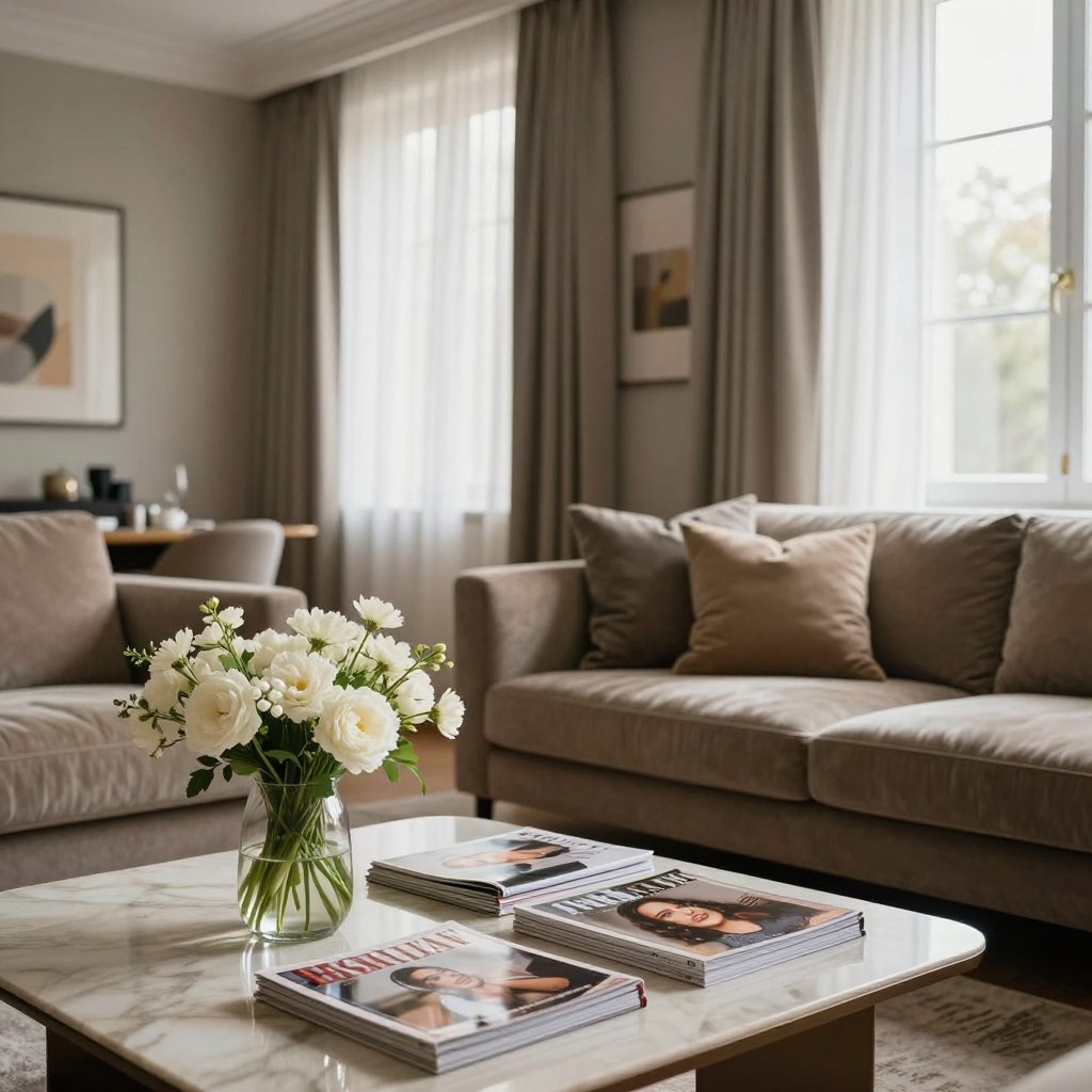 A chic, elegant apartment interior showcasing a sophisticated color palette. In the foreground, a stylish coffee table adorned with glossy magazines and a delicate vase filled with fresh white flowers. The middle ground features a cozy seating area with luxurious fabric sofas in muted earth tones and plush cushions, complemented by a sleek, modern rug. Background elements include large windows draped with sheer curtains, allowing soft natural light to filter in, casting gentle shadows. The walls are painted in a harmonious blend of warm beige and soft gray, accented by tasteful artwork in subtle hues. The atmosphere feels refined and inviting, capturing a high-end living space ideal for relaxation and socializing, with a focus on elegance and comfort.