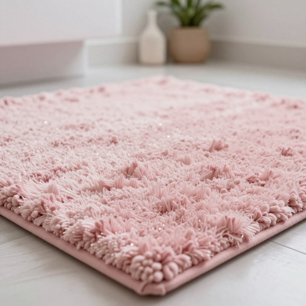 A close-up view of a fluffy pink bathroom rug, showcasing its rich textures and diverse materials. The rug is made of plush microfiber, soft cotton, and a mix of synthetic fibers, creating a cozy ambiance. In the foreground, the intricate fibers are highlighted, shimmering gently under warm, diffused lighting. The middle ground shows the rug laid out on a stylish bathroom floor, with modern fixtures and soft pastel hues enhancing the overall aesthetic. The background features a minimalistic bathroom setting with subtle details like a potted plant and decorative items. The atmosphere should feel inviting and tranquil, emphasizing comfort and style. Use a shallow depth of field to draw focus on the rug's textures while softly blurring the background elements. A close-up view of a fluffy pink bathroom rug, showcasing its rich textures and diverse materials. The rug is made of plush microfiber, soft cotton, and a mix of synthetic fibers, creating a cozy ambiance. In the foreground, the intricate fibers are highlighted, shimmering gently under warm, diffused lighting. The middle ground shows the rug laid out on a stylish bathroom floor, with modern fixtures and soft pastel hues enhancing the overall aesthetic. The background features a minimalistic bathroom setting with subtle details like a potted plant and decorative items. The atmosphere should feel inviting and tranquil, emphasizing comfort and style. Use a shallow depth of field to draw focus on the rug's textures while softly blurring the background elements.