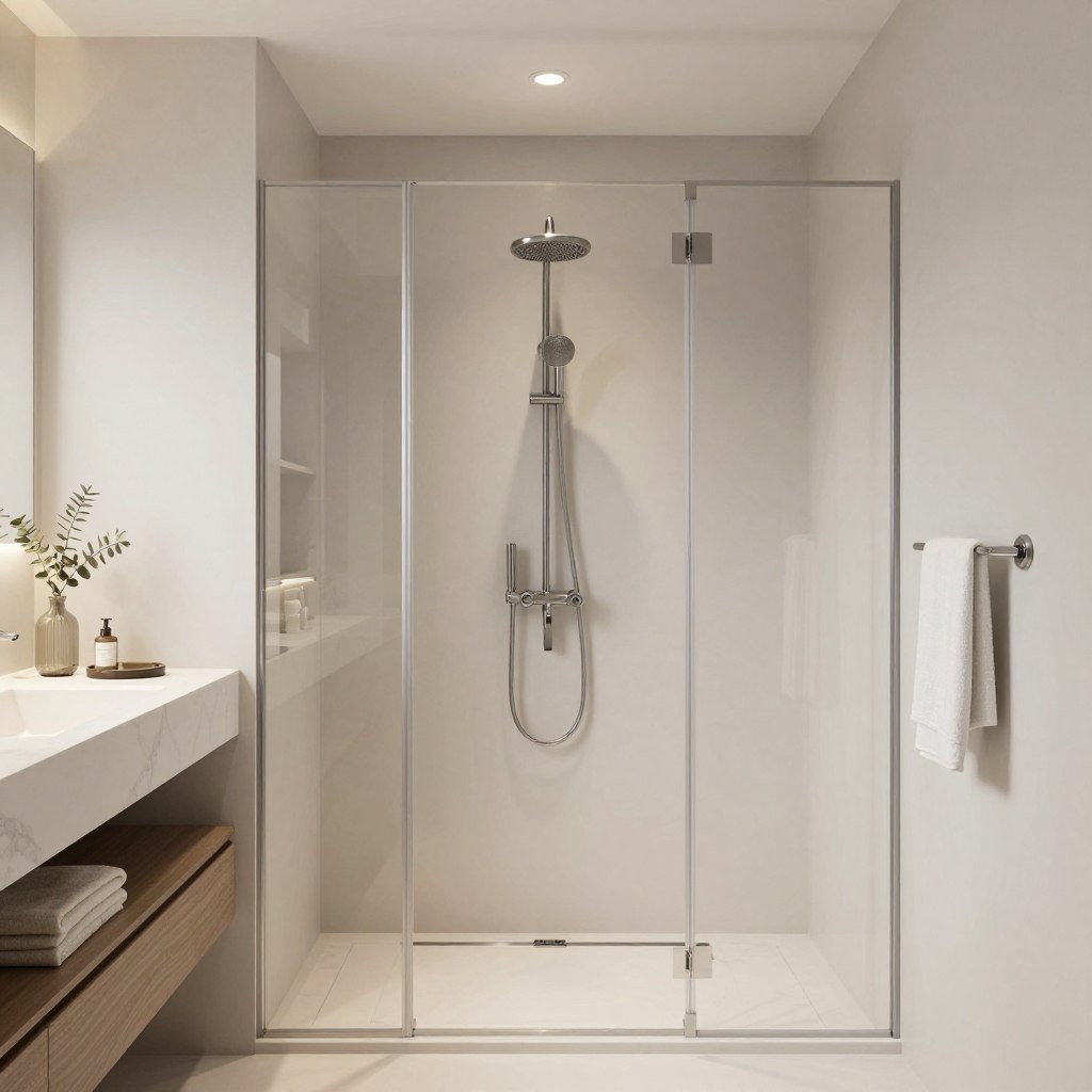 A contemporary bathroom scene featuring sleek, modern fixtures. In the foreground, showcase a minimalist, polished chrome sink with an elegant faucet and a seamless countertop in exquisite white marble. The middle ground should highlight a stylish freestanding bathtub, emphasizing its smooth curves and a chrome showerhead above. In the background, softly lit, frosted glass panels allow natural light to filter in, casting gentle shadows. The mood is serene and luxurious, accentuated by soft, ambient lighting that creates a tranquil atmosphere. Use a wide-angle lens to capture the spaciousness of the design, ensuring all elements harmonize seamlessly without any people present in the scene.