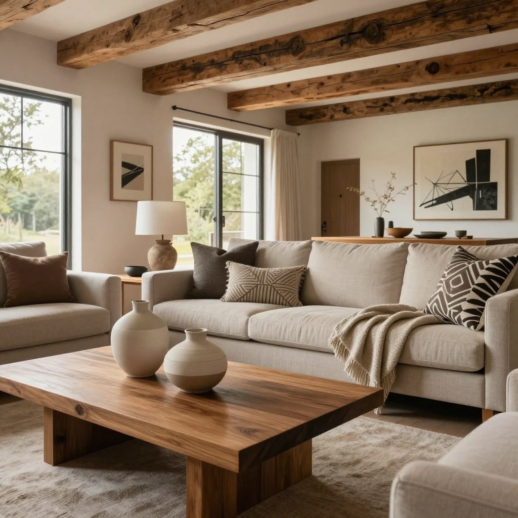 A contemporary rustic home decor scene featuring sleek modern lines and cozy elements. In the foreground, a stylish wooden coffee table adorned with chic ceramic vases and light-colored textiles. The middle ground showcases a spacious living room with a plush, neutral-toned sofa complemented by geometric-patterned throw pillows and a cozy blanket. Large windows in the background let in warm, natural light, illuminating a blend of rustic wooden beams and modern wall art. The overall atmosphere is inviting and tranquil, reflecting a harmonious balance between contemporary elegance and rustic comfort. The angle captures a wide view of the room, emphasizing the flow and integration of modern touches in the decor. A contemporary rustic home decor scene featuring sleek modern lines and cozy elements. In the foreground, a stylish wooden coffee table adorned with chic ceramic vases and light-colored textiles. The middle ground showcases a spacious living room with a plush, neutral-toned sofa complemented by geometric-patterned throw pillows and a cozy blanket. Large windows in the background let in warm, natural light, illuminating a blend of rustic wooden beams and modern wall art. The overall atmosphere is inviting and tranquil, reflecting a harmonious balance between contemporary elegance and rustic comfort. The angle captures a wide view of the room, emphasizing the flow and integration of modern touches in the decor.