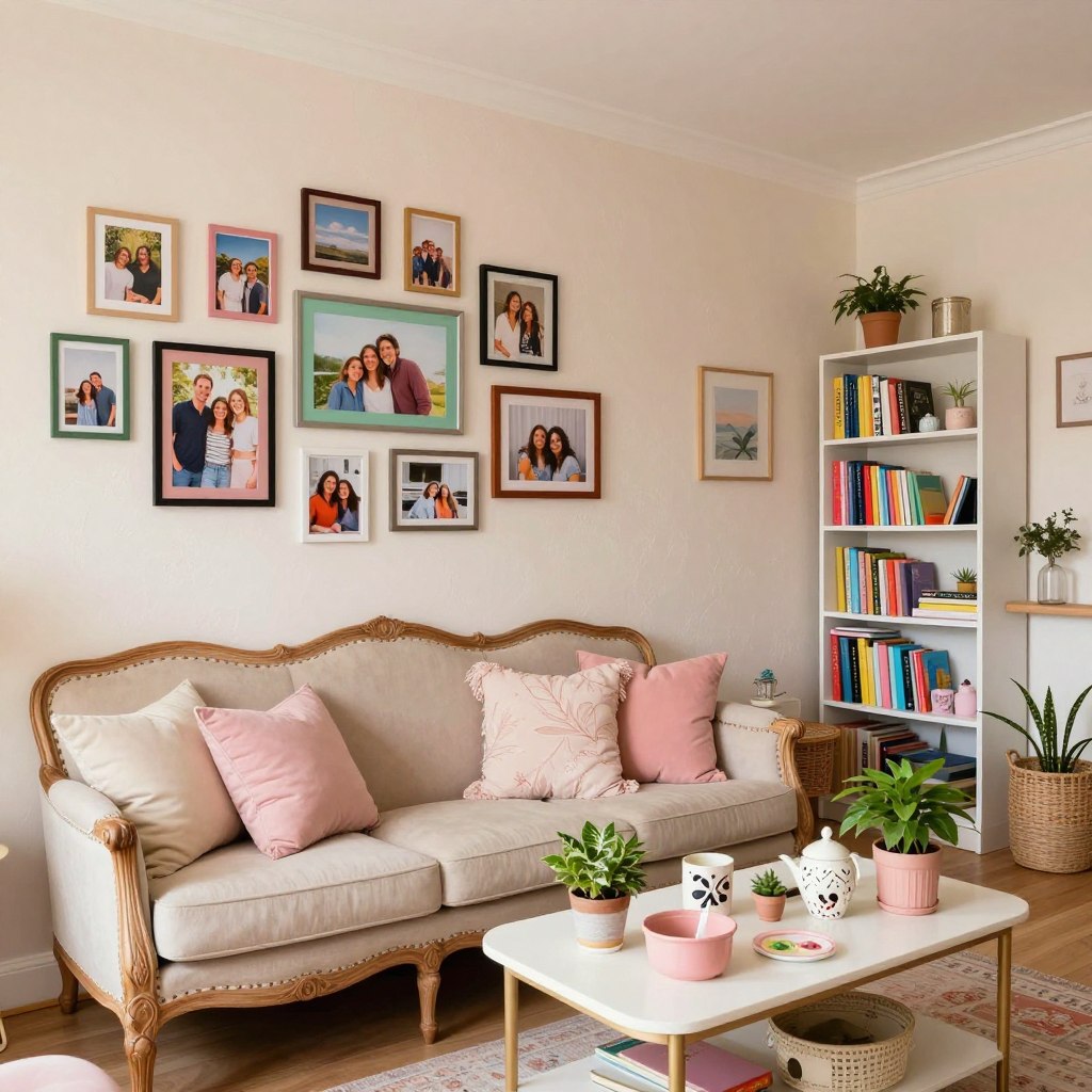 A cozy and chic feminine apartment interior featuring personalized decor. The foreground showcases a beautifully arranged photo wall filled with vibrant, framed pictures of friends and family, interspersed with decorative art pieces. Adorn the middle ground with a stylish vintage sofa piled with soft pastel cushions, a delicate coffee table displaying an array of quaint hobby items like plants and crafts. In the background, a well-organized bookshelf holds colorful books and trinkets, while soft, warm lighting permeates throughout the room. Capture the scene using a wide-angle lens to emphasize the bright and inviting atmosphere, with a slight focus on the textured walls painted in soft hues. The mood is cheerful, inspiring, and inviting, ideal for creating a personalized living space.