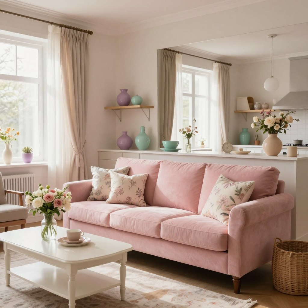 A cozy and chic feminine apartment interior showcasing a harmonious selection of color palettes designed to create a girly atmosphere. In the foreground, a soft pastel pink sofa adorned with floral cushions sits invitingly beside a dainty white coffee table with a vase of fresh flowers. The middle section features a beautifully styled shelf with elegant decor items in lavender, mint green, and creamy beige tones. The background showcases light, airy curtains framing a large window, allowing warm, natural sunlight to filter through, enhancing the inviting ambiance. The overall mood is warm and comforting, ideal for a stylish, feminine living space, captured with a slightly elevated angle, wide lens to encompass the entire room, emphasizing the balance of color and decor elements.