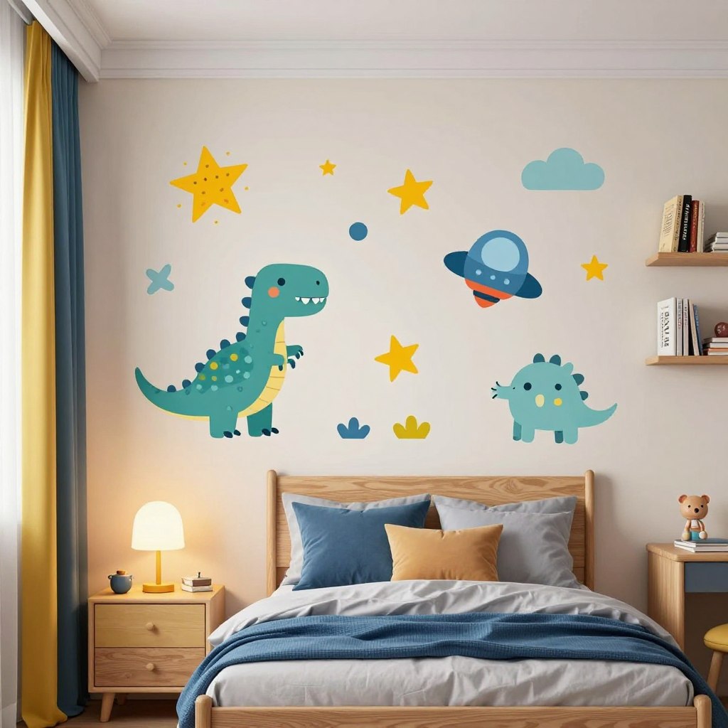A cozy and colorful boys' bedroom wall adorned with personalized children's wall art. In the foreground, a stylish wooden bed with blue and gray bedding, a small nightstand holding a fun lamp. The middle features vibrant wall art showcasing whimsical designs like dinosaurs, stars, and spaceships, each element customized with the child's name in playful, bold fonts. The background displays cheerful curtains and shelves filled with books and toys, all bathed in soft, warm lighting. The atmosphere is inviting and imaginative, perfect for an adventurous spirit. Capture this scene from a slightly elevated angle to emphasize the artwork and create a sense of depth, ensuring no text, logos, or watermarks are present.