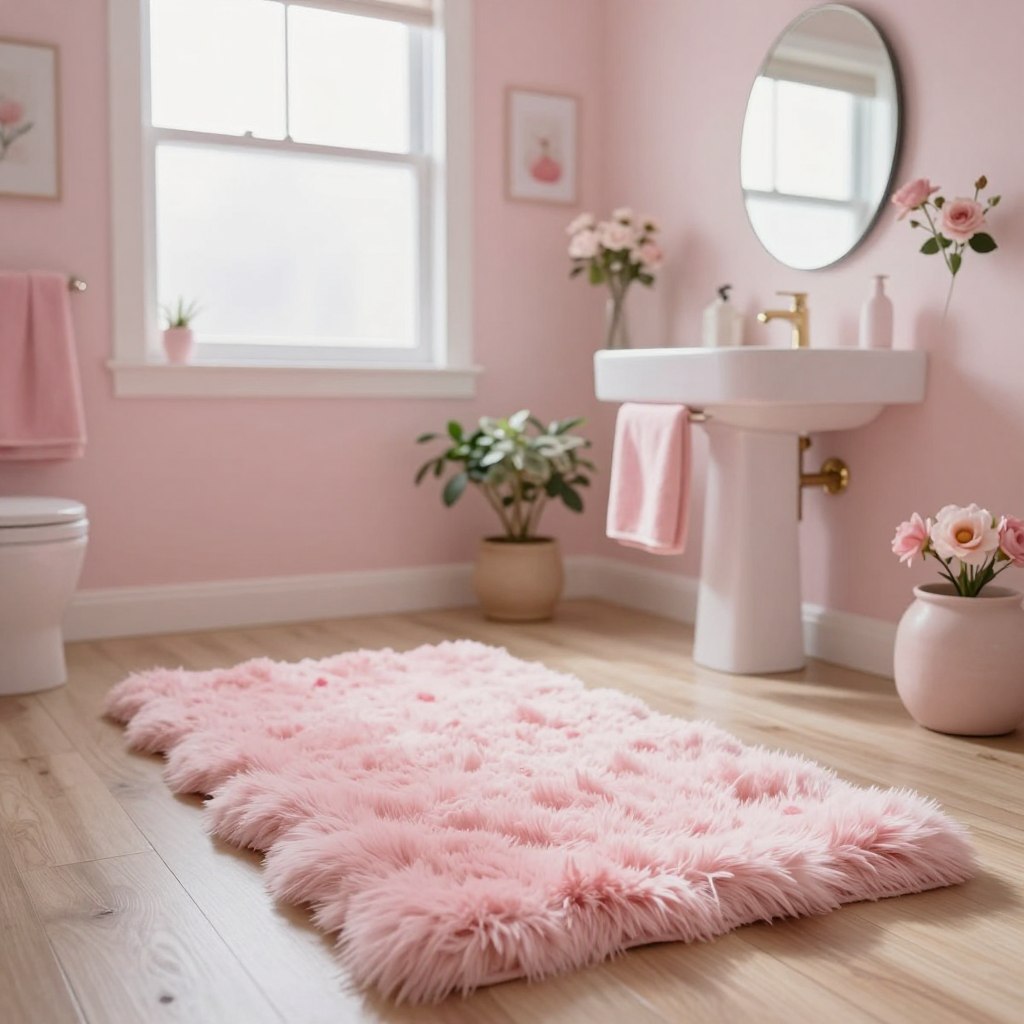 A cozy and inviting bathroom featuring soft pink decor elements and a plush pink rug. In the foreground, a luxurious, fluffy pink rug lies on a light wooden floor, complementing the pastel pink color scheme. The middle ground showcases elegant bathroom fixtures, including a chic sink with a stylish mirror above it and delicate plant decorations. In the background, soft natural light filters through a frosted window, illuminating the space and creating a warm atmosphere. The room is accented with floral-themed accessories, such as pink towels and subtle art on the walls, enhancing the overall tranquil and comforting vibe. Capture the essence of serenity and style with a focus on the pink tones that evoke a sense of relaxation and comfort in a bathroom setting. A cozy and inviting bathroom featuring soft pink decor elements and a plush pink rug. In the foreground, a luxurious, fluffy pink rug lies on a light wooden floor, complementing the pastel pink color scheme. The middle ground showcases elegant bathroom fixtures, including a chic sink with a stylish mirror above it and delicate plant decorations. In the background, soft natural light filters through a frosted window, illuminating the space and creating a warm atmosphere. The room is accented with floral-themed accessories, such as pink towels and subtle art on the walls, enhancing the overall tranquil and comforting vibe. Capture the essence of serenity and style with a focus on the pink tones that evoke a sense of relaxation and comfort in a bathroom setting.