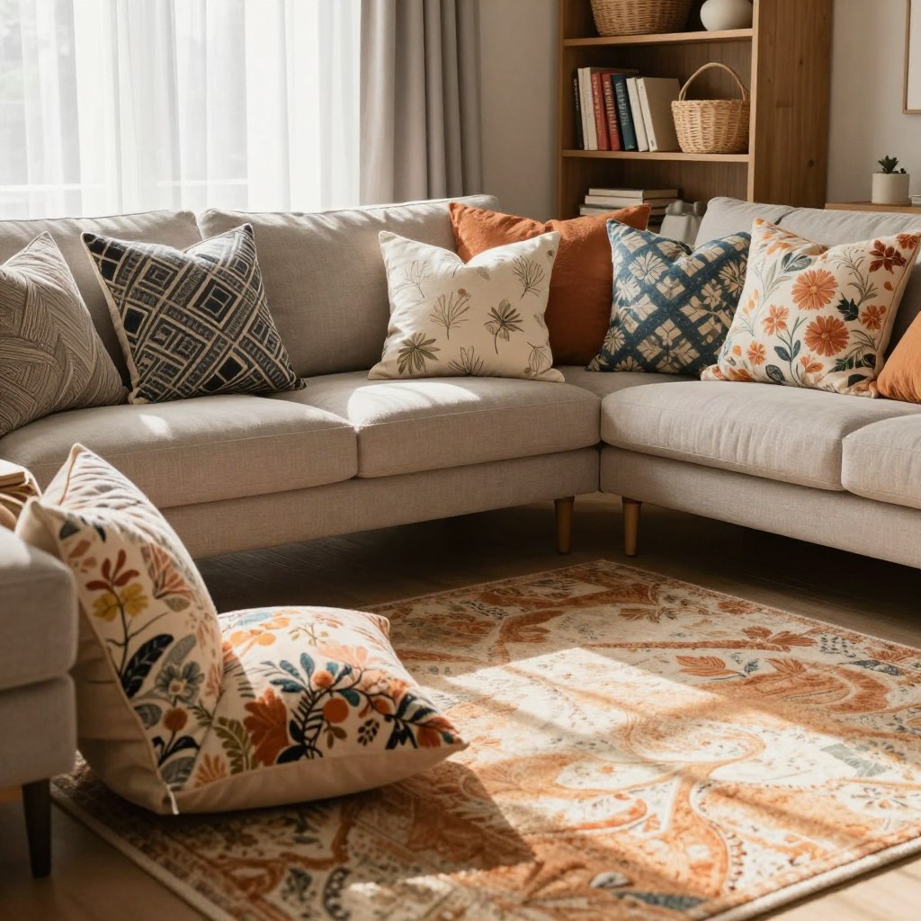 A cozy and inviting living room scene showcasing a variety of affordable textiles for home decor transformation. In the foreground, vibrant throw pillows in different patterns and textures, including geometric designs and soft florals, are artfully arranged on a sleek, modern sofa. The middle ground features an elegant area rug with warm, earthy tones, adding depth to the space. Light streams through sheer curtains, casting soft shadows and creating a welcoming atmosphere. In the background, a tastefully arranged bookshelf with decorative woven baskets and colorful fabric accents complements the textiles. The overall mood is warm and inviting, with a focus on comfort and creativity in home styling. Natural lighting and a slightly angled perspective enhance the inviting feel of the room. A cozy and inviting living room scene showcasing a variety of affordable textiles for home decor transformation. In the foreground, vibrant throw pillows in different patterns and textures, including geometric designs and soft florals, are artfully arranged on a sleek, modern sofa. The middle ground features an elegant area rug with warm, earthy tones, adding depth to the space. Light streams through sheer curtains, casting soft shadows and creating a welcoming atmosphere. In the background, a tastefully arranged bookshelf with decorative woven baskets and colorful fabric accents complements the textiles. The overall mood is warm and inviting, with a focus on comfort and creativity in home styling. Natural lighting and a slightly angled perspective enhance the inviting feel of the room.