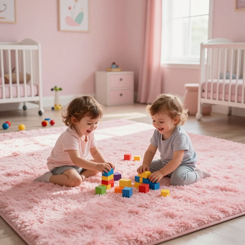 A cozy and inviting nursery scene featuring plush pink rugs, where joyful children play safely. In the foreground, two toddlers, modestly dressed, are giggling as they build colorful blocks on a soft, thick pink rug with a fluffy texture. The middle ground showcases various toys scattered about, adding a playful atmosphere. In the background, a light-filled room with pastel-colored walls features charming wall art and soft curtains, letting in warm, diffused sunlight that enhances the cozy vibe. The angle is slightly elevated, capturing the depth of the room and the warmth of the scene. The overall mood is cheerful, secure, and nurturing, emphasizing the comfort and charm of pink rugs in a nursery setting.