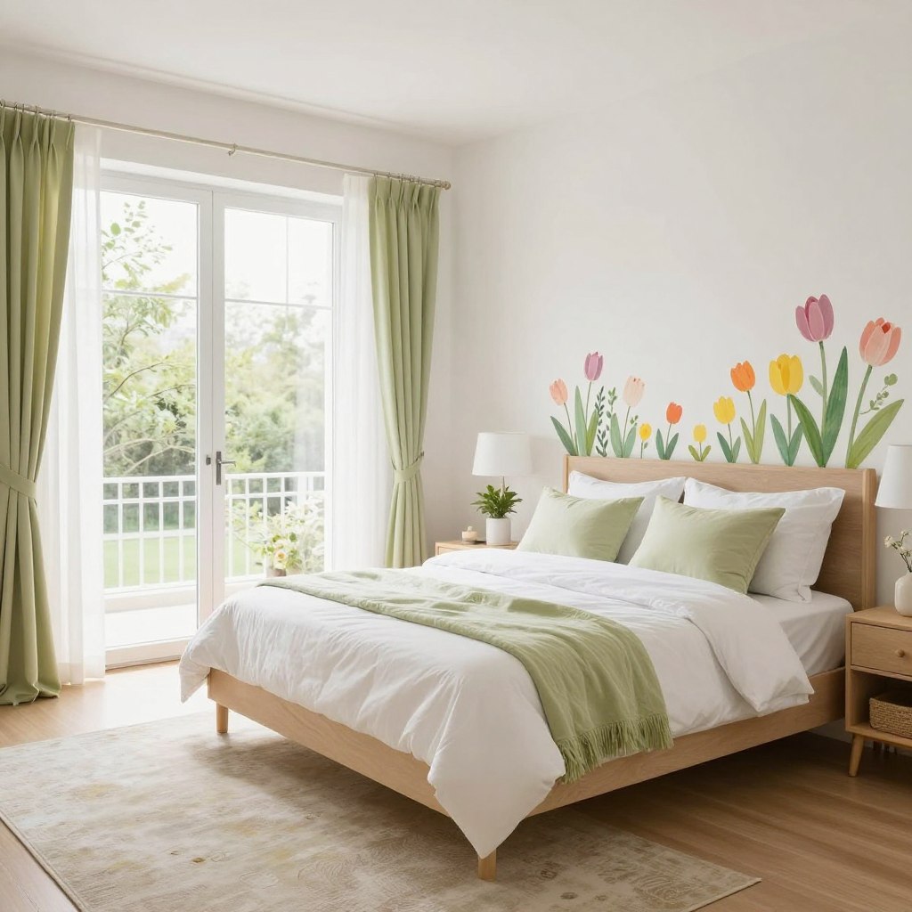 A cozy and welcoming spring-inspired bedroom layout, featuring a soft, pastel color palette of light greens, yellows, and blush pinks. In the foreground, a plush bed with a white quilt and colorful throw pillows is softly lit by morning sunlight filtering through sheer curtains. The middle of the room showcases a minimalist nightstand with a small vase of fresh flowers and a stylish lamp. A comfortable armchair, draped with a lightweight knit blanket, invites relaxation. The background reveals a bright window with a view of blooming trees outside, enhancing the spring atmosphere. Natural light highlights textures like wood and fabric, creating a warm and inviting ambiance, ideal for tranquil mornings. The composition is balanced and airy, evoking a sense of freshness and rejuvenation typical of the spring season.