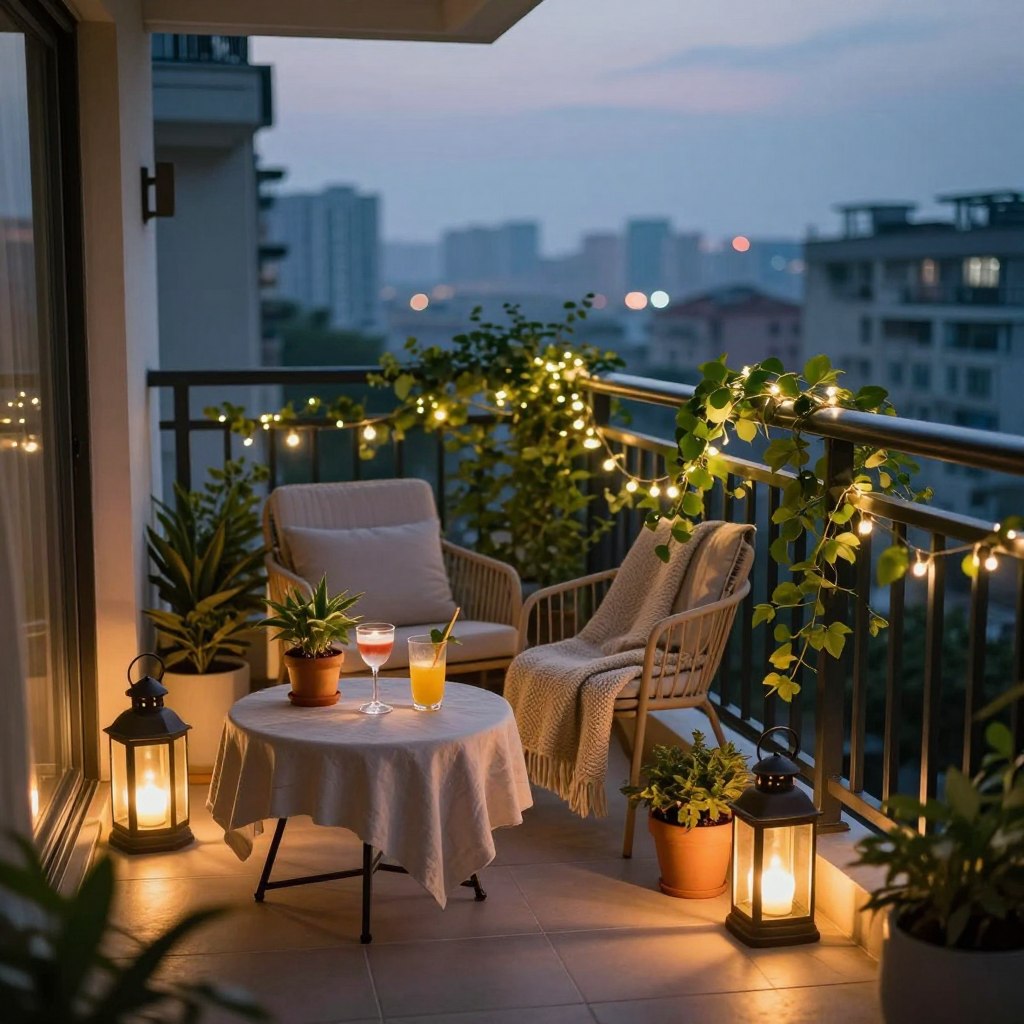 A cozy apartment balcony decorated for evening ambiance, featuring several beautifully arranged lanterns emitting warm, soft light. In the foreground, a small round table adorned with a tablecloth, a few elegant drinks, and potted plants. The middle ground includes a comfortable, stylish outdoor chair draped with a knitted throw, surrounded by climbing vines and fairy lights intertwined along the railing, creating a magical atmosphere. In the background, a city skyline softly blurred under the twilight sky, adding depth and a sense of openness. The lighting is soft and inviting, evoking a serene, relaxing mood perfect for unwinding after a long day. The scene is captured from a slightly elevated angle to showcase the entire balcony setup.