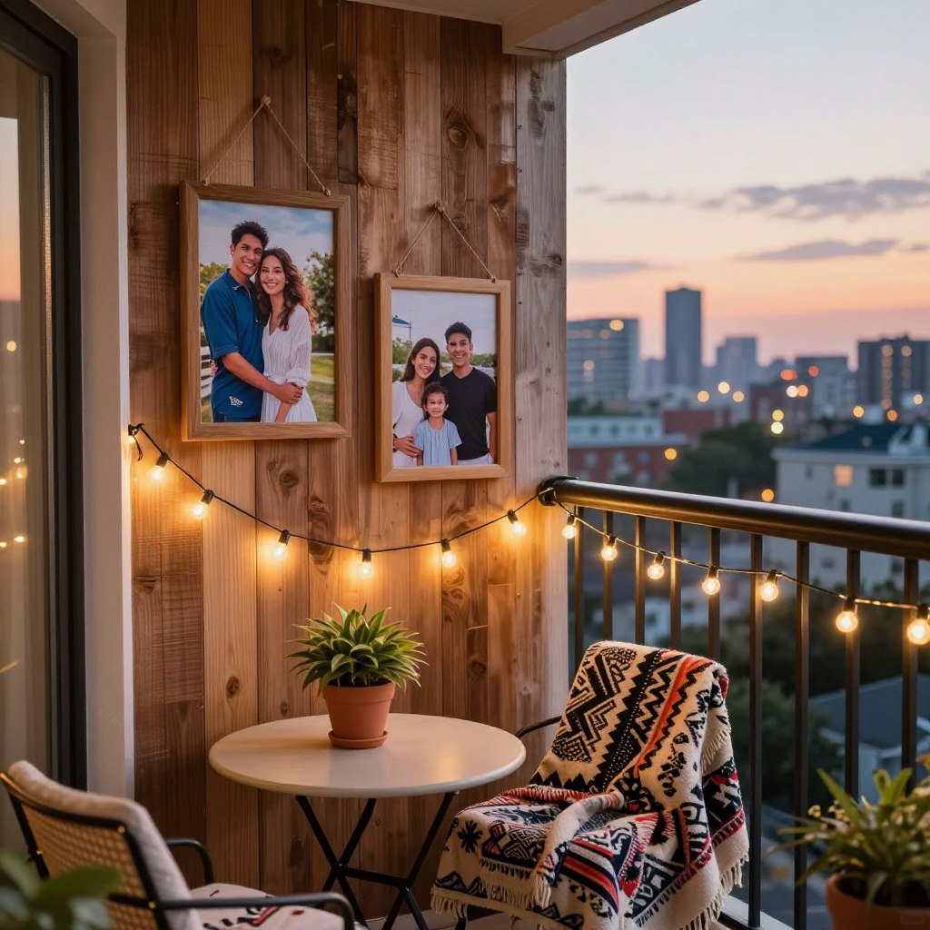 A cozy apartment balcony decorated with personalized photo frames hanging on a rustic wooden wall, showcasing vibrant images of family and travel memories. In the foreground, a small, round bistro table with a charming potted plant and an inviting, patterned throw blanket draped over a cozy chair. The middle ground features twinkling string lights adorning the balcony railing, casting a warm glow. The background includes a city skyline at sunset, softly blurred to enhance the focus on the decor. The scene is bright and inviting, captured with a slightly elevated viewpoint to encompass the charming details. The overall mood is warm and welcoming, perfect for a stylish outdoor space.
