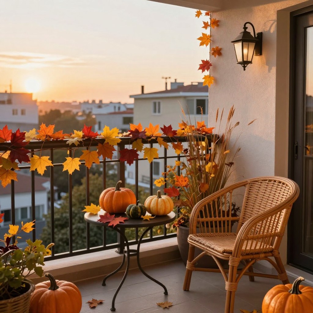 A cozy balcony adorned with seasonal decorations, showcasing a blend of autumn hues with pumpkins and colorful leaves scattered on a small table. In the foreground, a stylish rattan chair with a soft, plaid throw draped over it, paired with a small potted plant. In the middle, a decorative string of twinkling fairy lights enhances the warm ambiance, and a table adorned with a seasonal centerpiece made of gourds and candles adds charm. The background features a serene cityscape at sunset, casting golden light that bathes the balcony in a soft glow. The atmosphere is inviting and warm, evoking a sense of seasonal change and comfort, perfect for cozy outdoor moments.