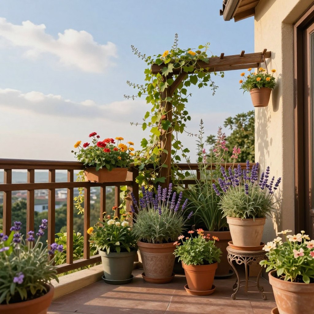 A cozy balcony scene filled with lush greenery, showcasing an array of hanging baskets filled with vibrant flowering plants and ferns. In the foreground, colorful potted plants of varying heights, including an elegant pot of lavender, sit on a decorative stand. The middle ground features rustic wooden railing adorned with cascading vines and colorful blooms, creating a stunning focal point. The background reveals a soft blue sky with wispy clouds, bathing the scene in gentle, warm sunlight. The angle captures the space at eye level, emphasizing the inviting atmosphere of a green oasis. Overall, the mood is tranquil and refreshing, perfect for a serene outdoor retreat.