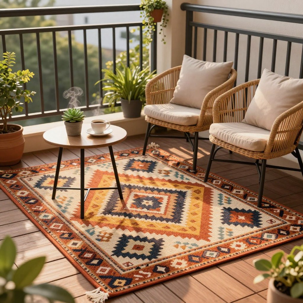 A cozy balcony scene showcasing a stylish outdoor rug, elegantly placed on a small wooden deck. In the foreground, the rug features vibrant geometric patterns in warm, earthy tones. A small round table with a potted succulent and a steaming cup of coffee is positioned beside it, inviting relaxation. In the middle ground, comfortable wicker chairs adorned with soft cushions add to the inviting atmosphere. In the background, charming greenery in pots and hanging plants softly frame the balcony view, capturing the essence of a comfortable outdoor space. The lighting is warm and golden, suggesting late afternoon sun, while the angle captures the scene from a slight elevation, enhancing the sense of coziness and style.