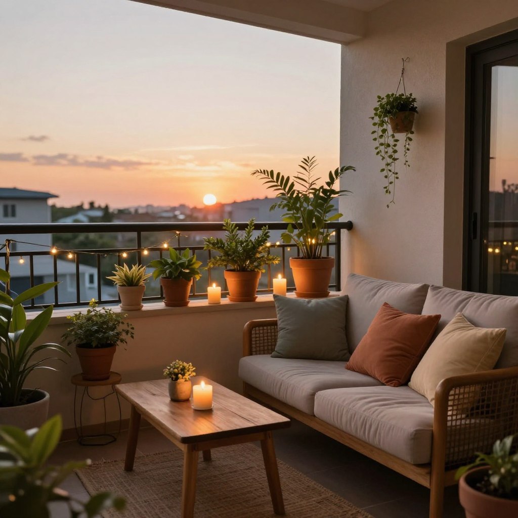 A cozy balcony seating area featuring comfortable furniture that exudes warmth and style. In the foreground, there is a plush loveseat adorned with soft, colorful cushions and a small wooden coffee table. The middle layer showcases a few potted plants, cascading vines, and candles that create an inviting atmosphere. In the background, a soft sunset casts a warm golden glow, enhancing the serene ambiance. The balcony railing is adorned with fairy lights, twinkling softly. Capture this scene with a wide-angle lens to emphasize the intimate space, focusing on natural, warm lighting that gives a relaxed, inviting feel. The overall mood is tranquil and welcoming, perfect for enjoying a peaceful evening outdoors.