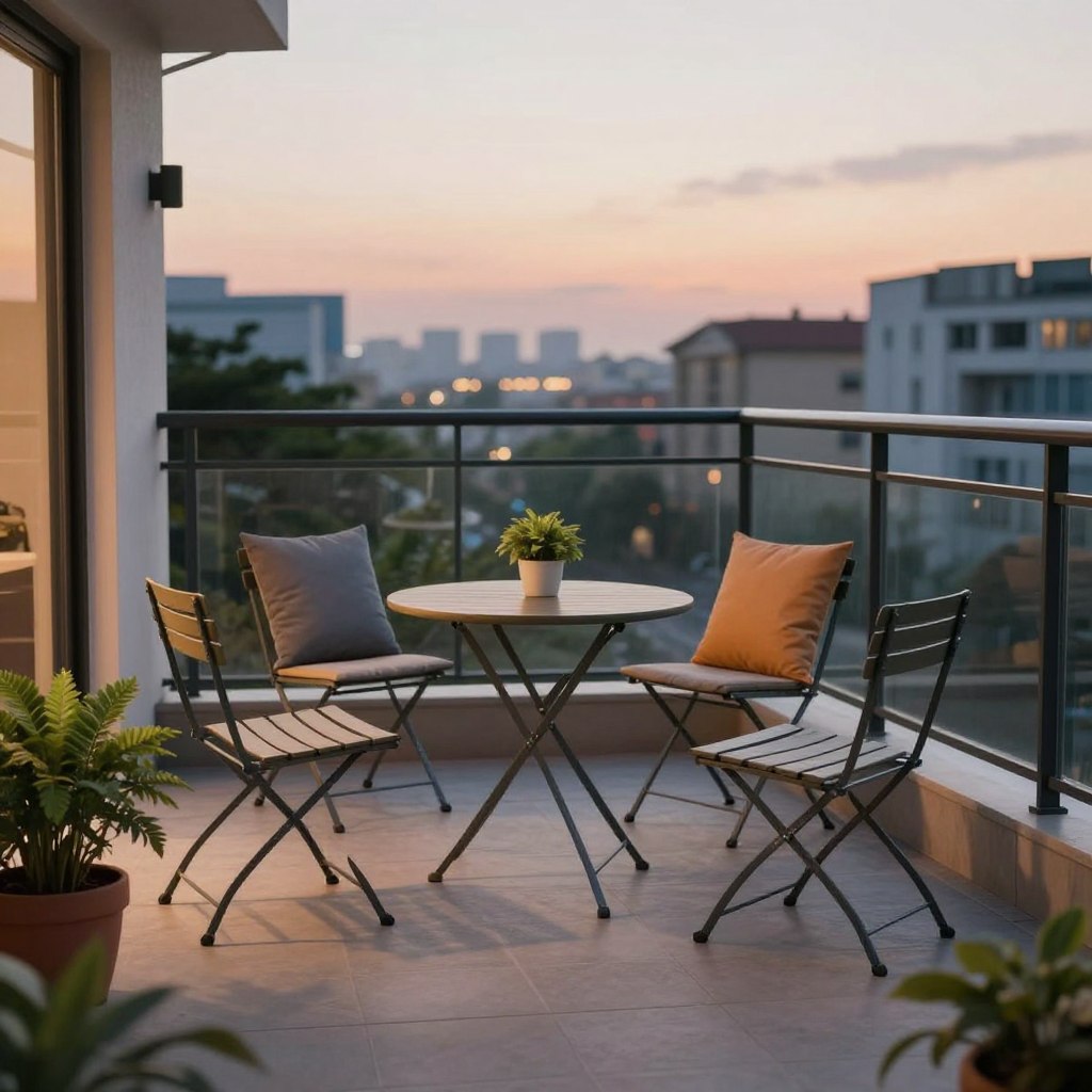 A cozy balcony showcasing space-saving furniture ideas designed for small outdoor areas, featuring a compact foldable table with stylish chairs, adorned with colorful cushions. In the foreground, a potted plant adds a touch of greenery, while in the middle, the furniture arrangement allows for easy movement, emphasizing efficiency and comfort. The background captures a serene cityscape at dusk, with soft, ambient lighting creating a warm, inviting atmosphere. Use a wide-angle view to encompass the entire scene, highlighting the layout of the furniture. The overall mood is relaxed and stylish, perfect for enjoying a small outdoor retreat.