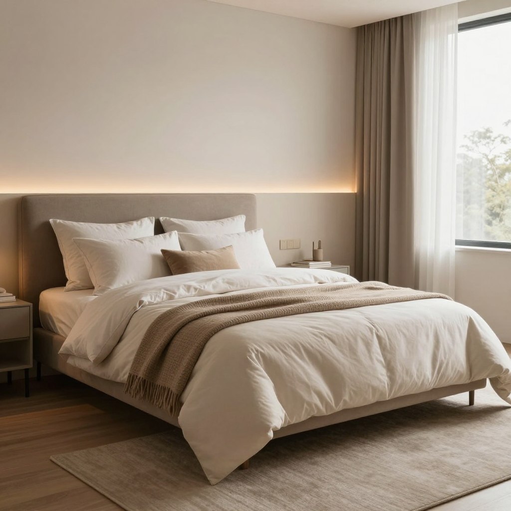 A cozy bedroom scene featuring warm essentials for restful nights. In the foreground, a plush bed with soft, inviting blankets and a stack of fluffy pillows in soft pastel colors. A bedside table holds a gentle glowing lamp, radiating warm light, alongside a small potted plant and a steaming cup of herbal tea. In the middle, a beautifully textured woven rug adds warmth, while a soft throw blanket is draped casually. The background reveals a softly illuminated window with sheer curtains, letting in a gentle glow from the setting sun. The atmosphere is serene and calming, promoting relaxation and comfort. The scene is captured with a soft focus lens, emulating a warm, inviting glow and a slightly blurred background to create depth.