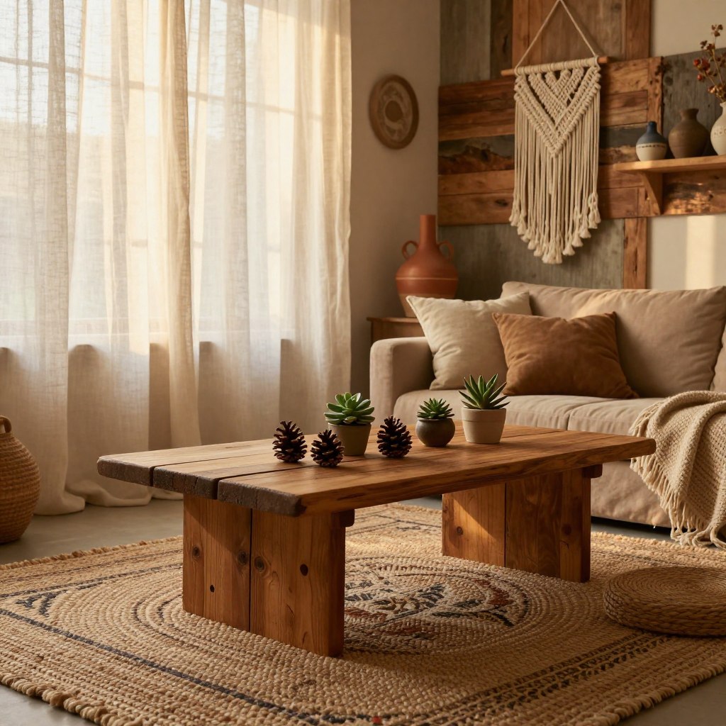 A cozy boho rustic decor scene, featuring a layered arrangement of textures. In the foreground, a woven jute rug with subtle patterns and a vintage wooden coffee table adorned with natural elements like pinecones and succulent plants. The middle ground showcases a plush, oversized throw blanket draped over a distressed armchair, alongside patterned cushions in earthy tones. In the background, a soft, warm light filters through sheer linen curtains, revealing a wall of reclaimed wood adorned with handmade pottery and macramé wall hangings. The overall atmosphere is inviting and serene, with golden-hour lighting creating a tranquil glow, perfect for a cozy living space. The angle is slightly above eye level, emphasizing depth and layering of textures. A cozy boho rustic decor scene, featuring a layered arrangement of textures. In the foreground, a woven jute rug with subtle patterns and a vintage wooden coffee table adorned with natural elements like pinecones and succulent plants. The middle ground showcases a plush, oversized throw blanket draped over a distressed armchair, alongside patterned cushions in earthy tones. In the background, a soft, warm light filters through sheer linen curtains, revealing a wall of reclaimed wood adorned with handmade pottery and macramé wall hangings. The overall atmosphere is inviting and serene, with golden-hour lighting creating a tranquil glow, perfect for a cozy living space. The angle is slightly above eye level, emphasizing depth and layering of textures.
