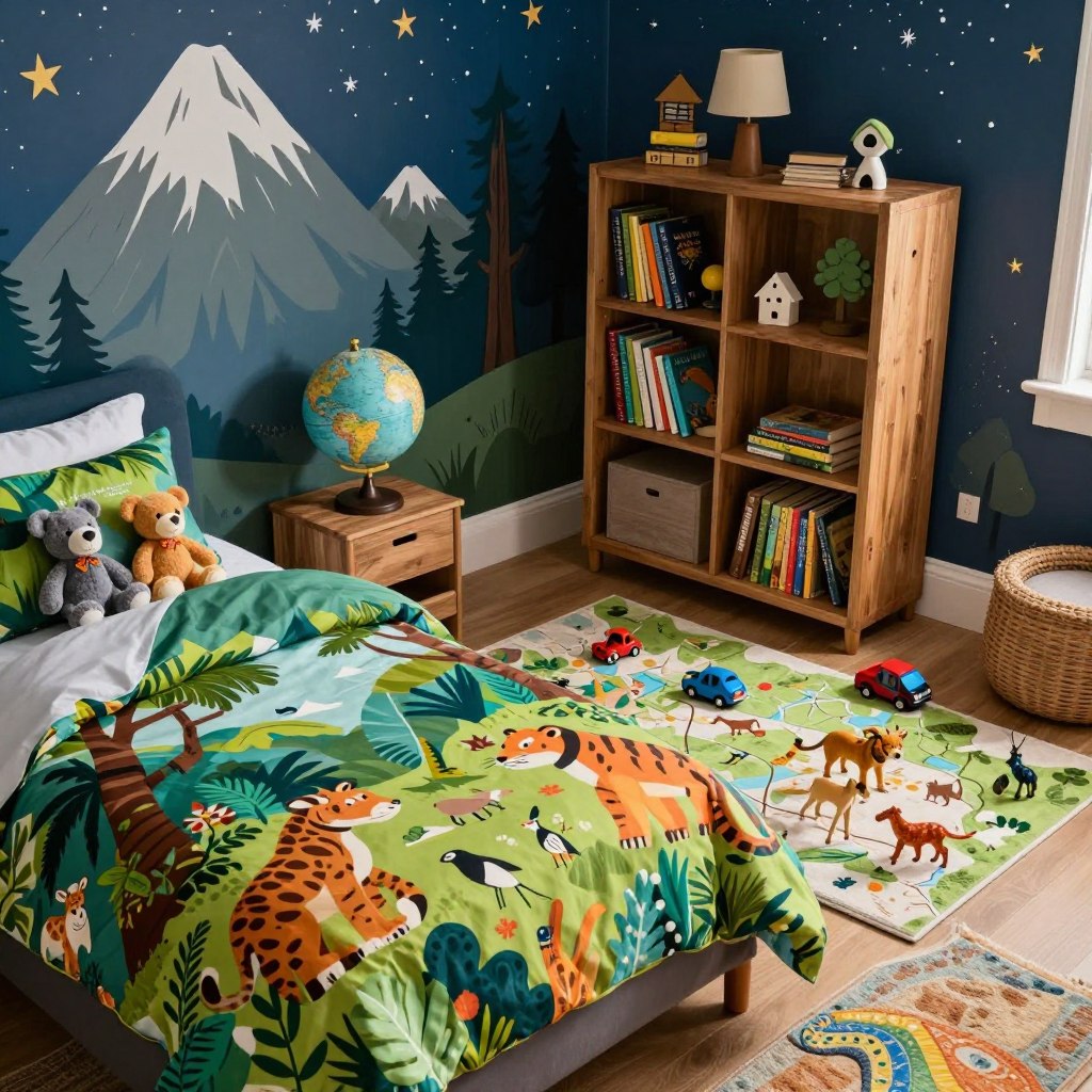 A cozy boys' bedroom designed with an adventure theme, featuring a bold color palette of deep blues, greens, and earthy browns. In the foreground, a neatly made twin bed with a vibrant duvet cover depicting jungle animals and explorers, accented by soft plush toys. To the side, a sturdy wooden bookshelf filled with adventure books and a globe. The middle ground displays a playful rug shaped like a map, with toy cars and animal figurines scattered around. In the background, walls adorned with murals of mountains and trees, alongside a hand-drawn night sky with stars. Soft, warm lighting creates a welcoming atmosphere, captured in a slightly elevated angle that showcases the entire room. The mood is one of excitement and imagination, perfect for inspiring adventure in a child's space.