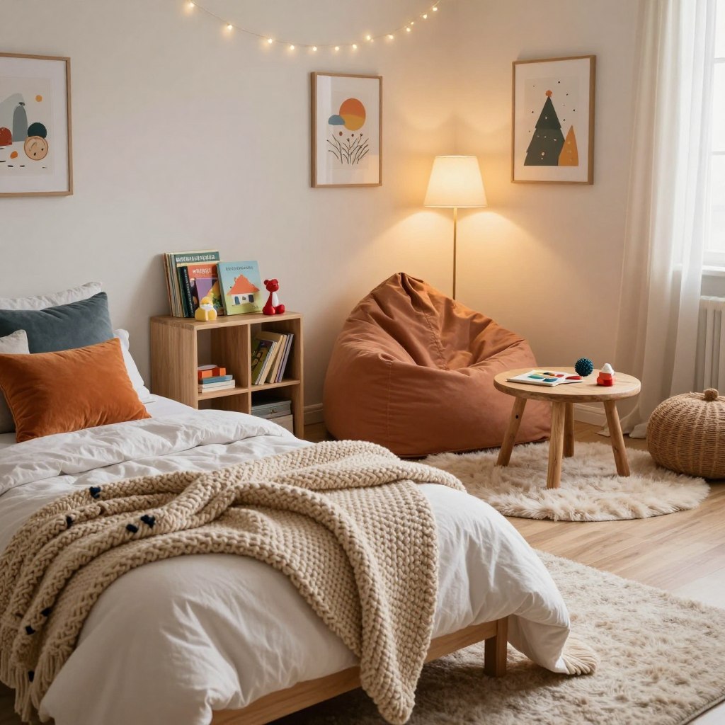A cozy boys' room designed for comfort and style, featuring soft textiles like plush blankets and decorative cushions in warm hues. The foreground showcases a comfortable bed with an oversized knitted throw, colorful pillows, and a small bookshelf filled with children's books and toys. In the middle ground, a beanbag chair rests beside a small, rustic wooden table, perfect for reading or playing games. The background features soft, warm lighting from a stylish bedside lamp, complemented by gentle fairy lights draped across the walls. A fluffy area rug adds texture, and cozy artwork adorns the walls, enhancing the inviting atmosphere. The scene captures a peaceful, nurturing vibe, ideal for relaxation and play.