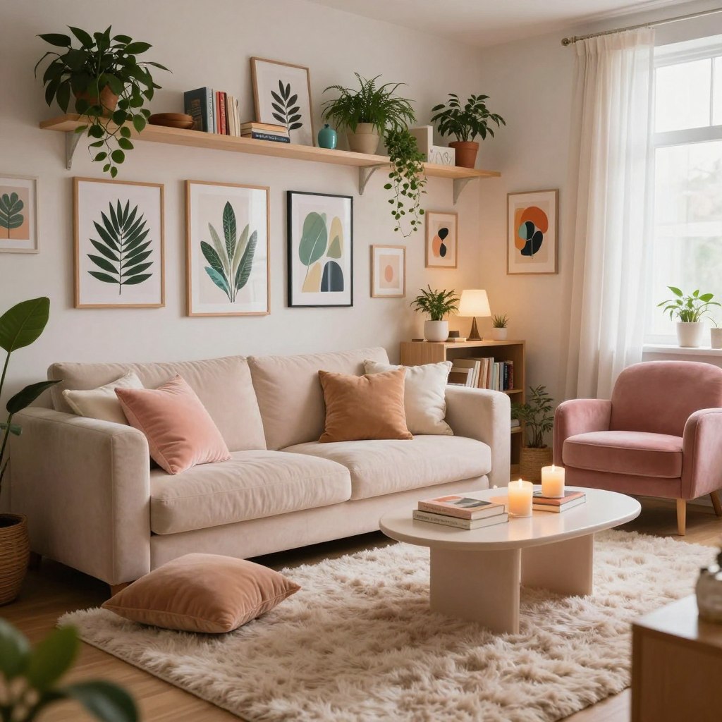 A cozy, chic girly apartment interior, featuring plush pastel-colored furniture and vibrant wall art decorations. In the foreground, a stylishly arranged living area with a soft, fluffy rug, scattered throw pillows, and a modern coffee table showcasing candles and books. The middle layer showcases eye-catching wall art, including framed botanical prints and abstract designs, creating a playful yet sophisticated vibe. In the background, a well-decorated shelf filled with plants, books, and decorative items enhances the warmth of the space. Soft, natural lighting filters through sheer curtains, casting a gentle glow and creating a welcoming atmosphere. The angle captures the inviting essence of the apartment, making it feel like a perfect retreat for relaxation and creativity.