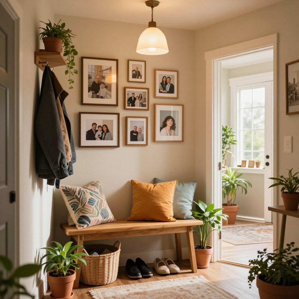 A cozy entryway featuring a wooden bench with colorful pillows, surrounded by potted plants. In the foreground, showcase a small, well-organized space with a woven basket for shoes and a hanging coat rack adorned with stylish jackets. The middle ground displays a gallery wall of framed personal artwork and family photos, capturing warm memories. Soft, ambient lighting from a pendant light hangs overhead, casting gentle shadows and creating a welcoming atmosphere. In the background, a bright, open doorway leads to a sunny external view, enhancing the feeling of warmth and invitation. The entire scene conveys a personal touch, blending functionality with heartfelt decoration, ideal for maximizing entryway space.