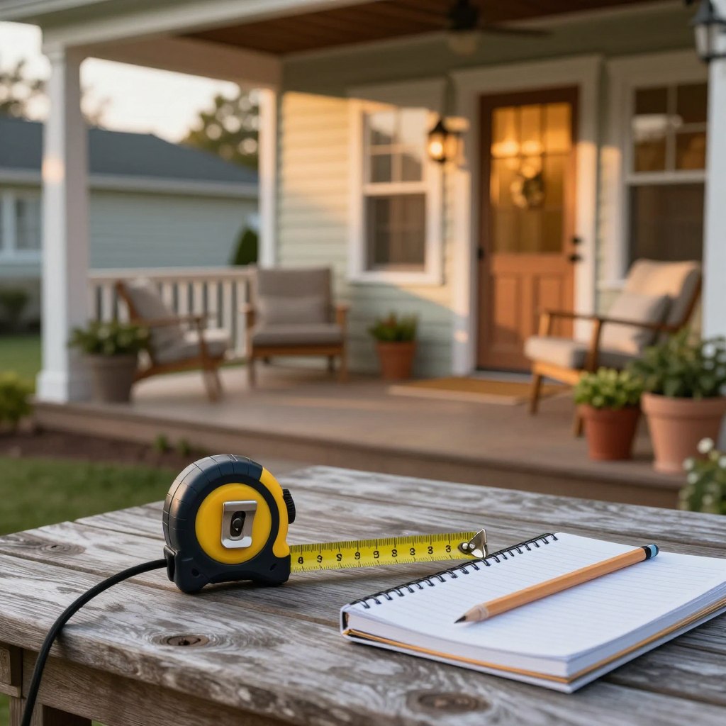 A cozy front porch scene featuring a beautifully designed measuring setup for assessing porch space. In the foreground, a stylish tape measure alongside a notebook and pencil rests on a weathered wooden table. In the middle, a well-inviting porch showcases potted plants and comfy seating arrangements, emphasizing the importance of spatial design. The background includes a charming house with warm, soft lighting, casting gentle shadows during the golden hour. The atmosphere feels inviting and relaxed, perfect for outdoor living. The composition should focus on both the measuring tools and the porch’s aesthetic, using a shallow depth of field to draw attention to the essential elements while softly blurring the background.