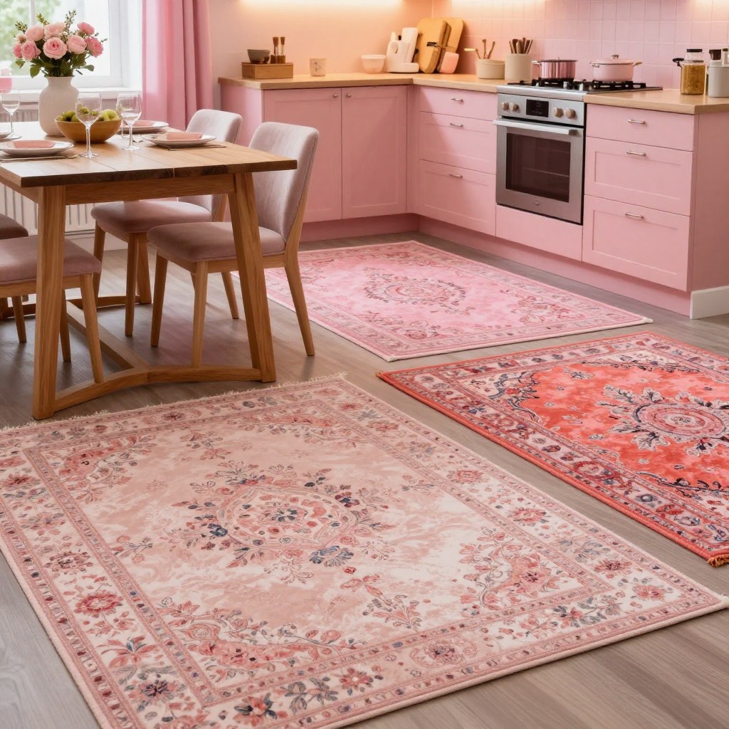 A cozy kitchen interior featuring stylish rugs in various shades of pink, showcasing intricate patterns and textures. In the foreground, a plush rug in a soft blush tone with delicate floral designs lies beneath a wooden table set for a casual dining experience. The middle ground displays other pink rugs, including a deeper rose and a vibrant coral, each with unique designs, artfully arranged on the floor. The background features warm, inviting cabinetry with soft lighting enhancing the pink hues, creating a cheerful, welcoming atmosphere. A wide-angle perspective captures the entire scene, emphasizing the harmony of color and style in the kitchen. The overall mood is fresh, trendy, and inspiring. A cozy kitchen interior featuring stylish rugs in various shades of pink, showcasing intricate patterns and textures. In the foreground, a plush rug in a soft blush tone with delicate floral designs lies beneath a wooden table set for a casual dining experience. The middle ground displays other pink rugs, including a deeper rose and a vibrant coral, each with unique designs, artfully arranged on the floor. The background features warm, inviting cabinetry with soft lighting enhancing the pink hues, creating a cheerful, welcoming atmosphere. A wide-angle perspective captures the entire scene, emphasizing the harmony of color and style in the kitchen. The overall mood is fresh, trendy, and inspiring.