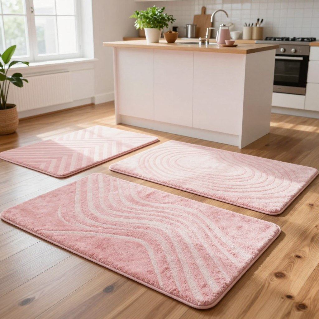 A cozy kitchen scene featuring adorable pink rugs with a modern design, beautifully laid out on a polished wooden floor. In the foreground, focus on two distinct rugs: one with geometric patterns and the other with soft, swirling lines, both showcasing shades of pastel pink. In the middle ground, include a clean kitchen island adorned with potted herbs and minimalistic kitchenware, displaying a light and airy atmosphere. The background features bright, natural light streaming in from a window, casting soft shadows and enhancing the inviting vibe of the space. The scene should evoke a sense of charm and affordability, perfect for a stylish yet budget-conscious kitchen. A cozy kitchen scene featuring adorable pink rugs with a modern design, beautifully laid out on a polished wooden floor. In the foreground, focus on two distinct rugs: one with geometric patterns and the other with soft, swirling lines, both showcasing shades of pastel pink. In the middle ground, include a clean kitchen island adorned with potted herbs and minimalistic kitchenware, displaying a light and airy atmosphere. The background features bright, natural light streaming in from a window, casting soft shadows and enhancing the inviting vibe of the space. The scene should evoke a sense of charm and affordability, perfect for a stylish yet budget-conscious kitchen.