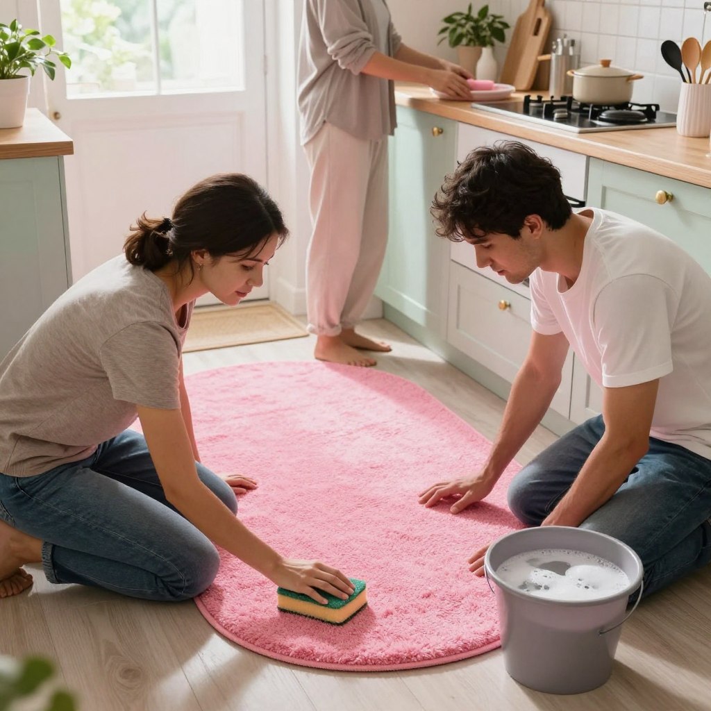 A cozy kitchen scene featuring two modestly dressed individuals focused on cleaning pink kitchen rugs. In the foreground, one person is kneeling, gently scrubbing a plush, oval-shaped pink rug with a sponge and a bucket of soapy water. The other person, standing, is rearranging kitchen utensils on a pastel-colored countertop, creating a warm and inviting atmosphere. The middle ground showcases the vibrant pink rug, accentuating its softness and texture, surrounded by stylish kitchen accessories. In the background, there are hanging plants and an open window allowing soft, natural light to illuminate the space. The overall mood is cheerful and encouraging, emphasizing the importance of maintaining home decor while capturing the charm of a stylish kitchen. A cozy kitchen scene featuring two modestly dressed individuals focused on cleaning pink kitchen rugs. In the foreground, one person is kneeling, gently scrubbing a plush, oval-shaped pink rug with a sponge and a bucket of soapy water. The other person, standing, is rearranging kitchen utensils on a pastel-colored countertop, creating a warm and inviting atmosphere. The middle ground showcases the vibrant pink rug, accentuating its softness and texture, surrounded by stylish kitchen accessories. In the background, there are hanging plants and an open window allowing soft, natural light to illuminate the space. The overall mood is cheerful and encouraging, emphasizing the importance of maintaining home decor while capturing the charm of a stylish kitchen.