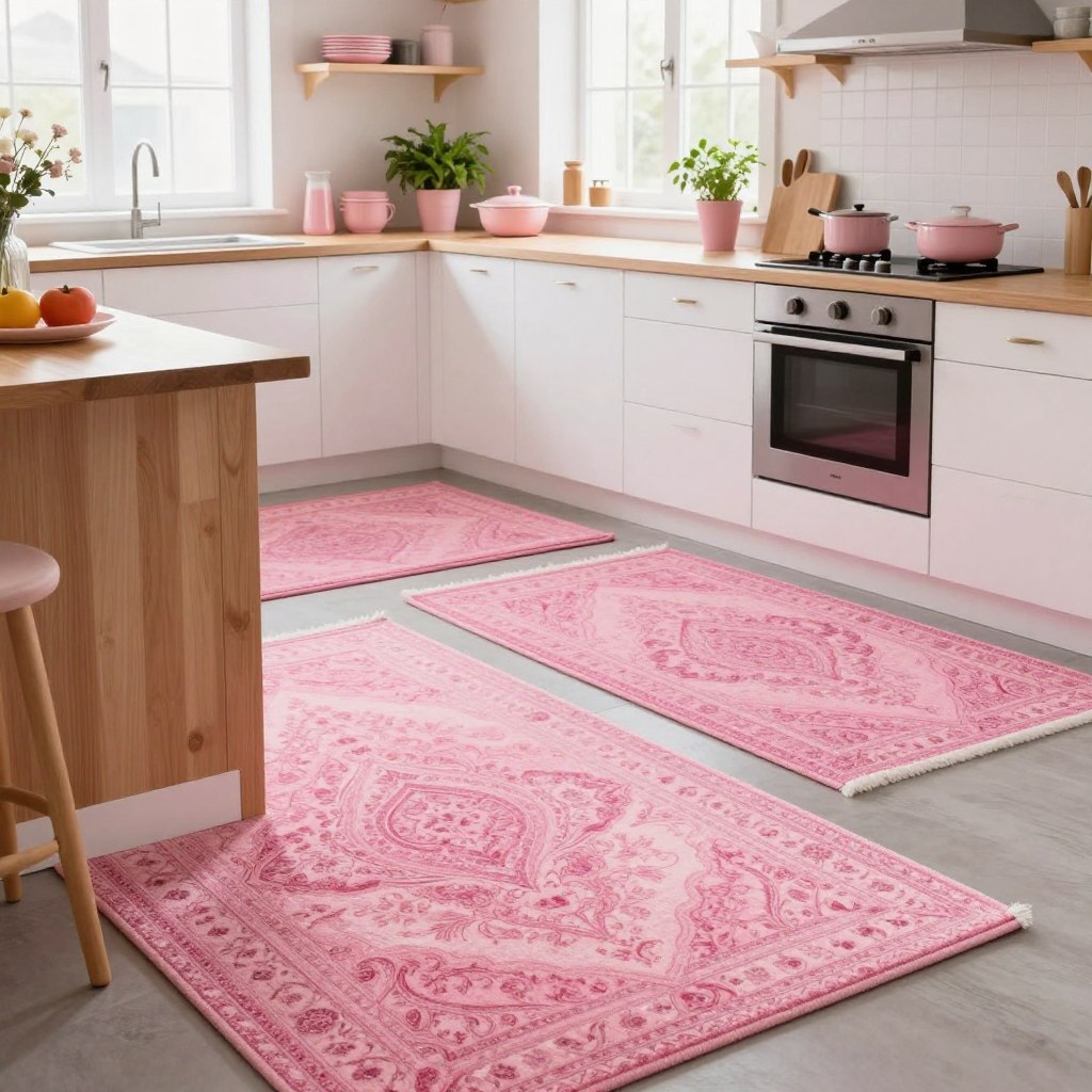 A cozy kitchen scene showcasing a variety of pink rugs creatively styled for kitchen decor. In the foreground, a plush pink rug with intricate patterns lies warmly beside a wooden island, complemented by crisp white cabinets. The middle ground features a well-organized kitchen counter with pastel-colored kitchenware and potted herbs, adding a touch of vibrancy. In the background, natural light pours in through a large window, illuminating the space with a soft glow and enhancing the pink hues. The atmosphere is inviting and cheerful, perfect for cooking and gathering, evoking a sense of style and warmth. The angle of the shot captures an inviting perspective of the kitchen, making the pink rugs the star of the scene. A cozy kitchen scene showcasing a variety of pink rugs creatively styled for kitchen decor. In the foreground, a plush pink rug with intricate patterns lies warmly beside a wooden island, complemented by crisp white cabinets. The middle ground features a well-organized kitchen counter with pastel-colored kitchenware and potted herbs, adding a touch of vibrancy. In the background, natural light pours in through a large window, illuminating the space with a soft glow and enhancing the pink hues. The atmosphere is inviting and cheerful, perfect for cooking and gathering, evoking a sense of style and warmth. The angle of the shot captures an inviting perspective of the kitchen, making the pink rugs the star of the scene.