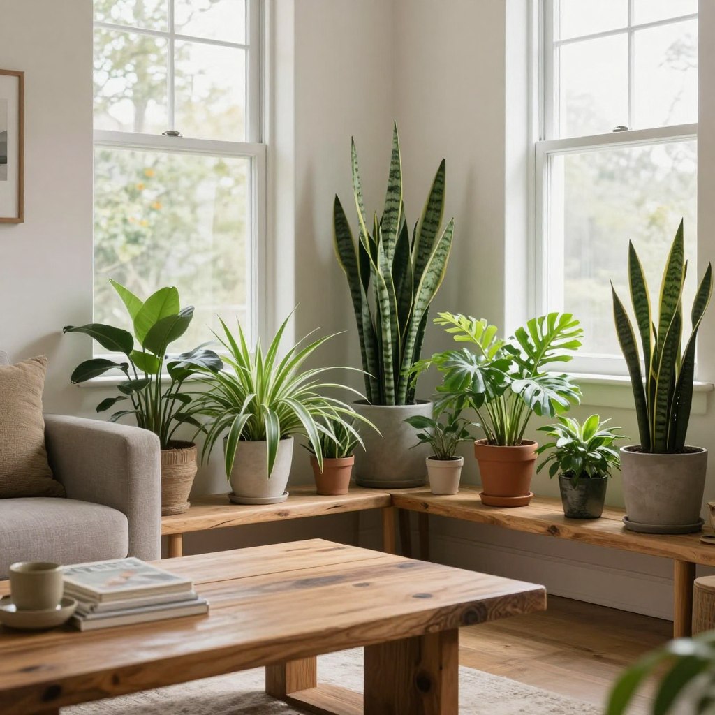 A cozy living room adorned with various indoor plants, showcasing budget-friendly home decor. In the foreground, a stylish, low coffee table made of reclaimed wood is topped with a small terracotta pot housing a lush fern and a vibrant pothos. The middle ground features a corner shelf filled with a variety of green foliage, including spider plants and snake plants, enriching the space with nature. In the background, large windows allow soft, natural light to stream in, illuminating the warm, earthy tones of the room. The atmosphere is inviting and refreshing, reflecting a harmonious blend of nature and home comfort. The angle captures the entirety of the space, emphasizing the plants’ vibrant colors against neutral wall tones, creating a serene and uplifting environment. No text or signatures. A cozy living room adorned with various indoor plants, showcasing budget-friendly home decor. In the foreground, a stylish, low coffee table made of reclaimed wood is topped with a small terracotta pot housing a lush fern and a vibrant pothos. The middle ground features a corner shelf filled with a variety of green foliage, including spider plants and snake plants, enriching the space with nature. In the background, large windows allow soft, natural light to stream in, illuminating the warm, earthy tones of the room. The atmosphere is inviting and refreshing, reflecting a harmonious blend of nature and home comfort. The angle captures the entirety of the space, emphasizing the plants’ vibrant colors against neutral wall tones, creating a serene and uplifting environment. No text or signatures.