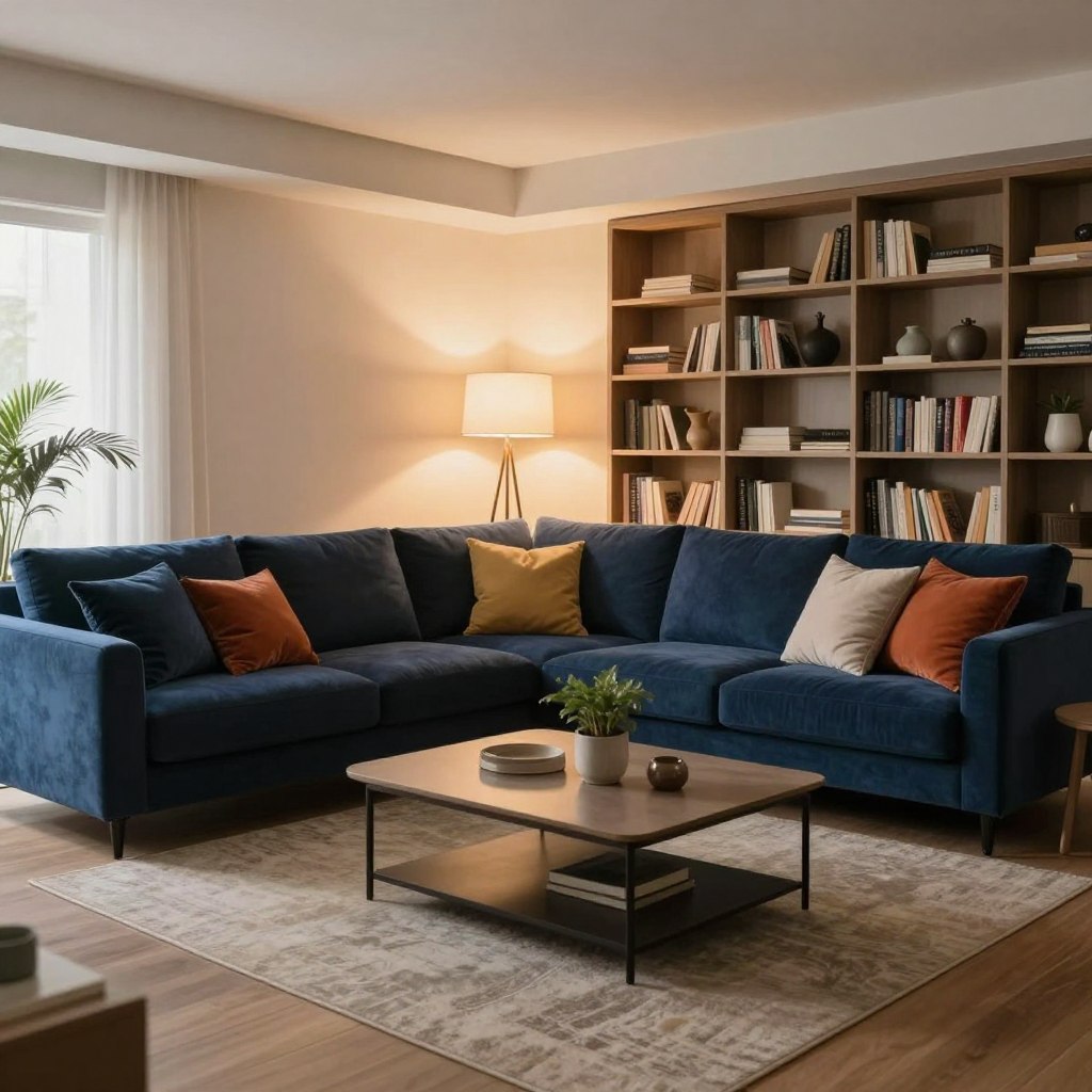 A cozy living room designed for relaxation, featuring plush seating options like a soft, oversized sectional sofa adorned with inviting throw pillows. In the foreground, a knitted throw blanket drapes over the armrest. The middle showcases a stylish coffee table with a few homey decor items, such as a scented candle and a small potted plant. Soft, ambient lighting from a floor lamp casts a warm glow, enhancing the tranquil atmosphere. In the background, a neatly arranged bookshelf filled with books and decorative items adds depth. The overall color palette is muted earth tones, creating a serene and comforting environment. The angle is a mid-range view, capturing both intimacy and the spacious feeling of the room, emphasizing comfort and warmth.