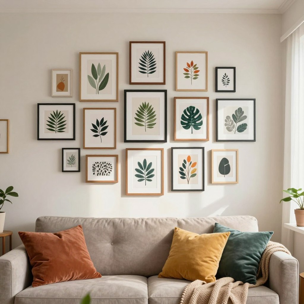 A cozy living room featuring a budget-friendly gallery wall filled with an array of affordable prints. The gallery wall is the focal point, adorned with framed botanical illustrations, minimalist abstract art, and vintage-inspired prints, each varying in size and style but harmoniously arranged. The foreground showcases a comfy couch adorned with colorful cushions and a soft throw blanket. In the middle, the gallery wall stands vibrant against a light, neutral-colored wall, with frames in wood and metal finishes creating visual interest. The background includes a warm, inviting atmosphere enhanced by soft, natural lighting streaming in through a nearby window. The overall mood is cheerful and inspiring, perfect for anyone looking to elevate their home decor on a budget. A cozy living room featuring a budget-friendly gallery wall filled with an array of affordable prints. The gallery wall is the focal point, adorned with framed botanical illustrations, minimalist abstract art, and vintage-inspired prints, each varying in size and style but harmoniously arranged. The foreground showcases a comfy couch adorned with colorful cushions and a soft throw blanket. In the middle, the gallery wall stands vibrant against a light, neutral-colored wall, with frames in wood and metal finishes creating visual interest. The background includes a warm, inviting atmosphere enhanced by soft, natural lighting streaming in through a nearby window. The overall mood is cheerful and inspiring, perfect for anyone looking to elevate their home decor on a budget.