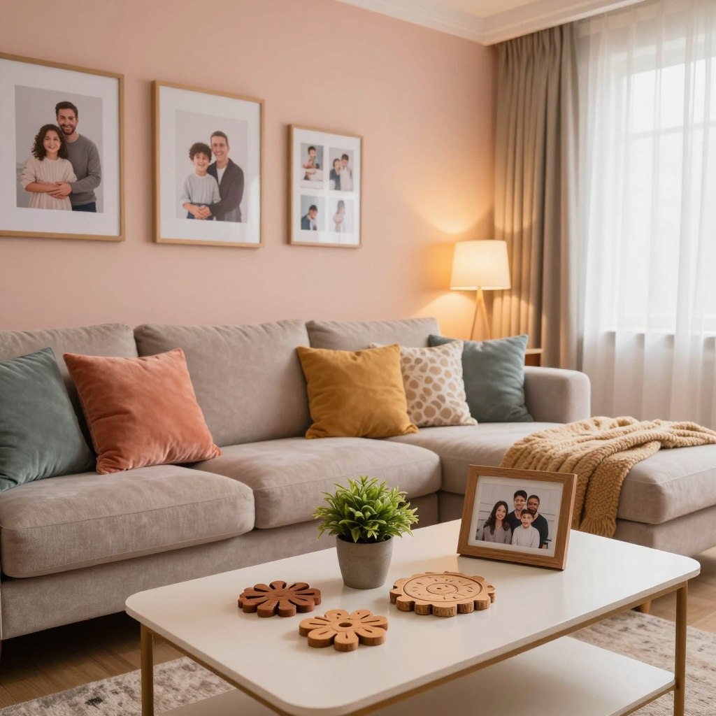 A cozy living room scene featuring personalized home accessories that transform the space. In the foreground, a stylish coffee table adorned with unique, handcrafted coasters, a small potted plant, and a personalized photo frame showcasing family moments. The middle ground showcases a comfortable sofa with colorful, custom-designed cushions and a cozy throw blanket. An accent wall in soft pastel colors displays framed artwork and a gallery of family photos. In the background, a warm, inviting light filters through sheer curtains, creating a soft glow. The atmosphere is serene, reflecting a sense of comfort and individuality, with a wide-angle perspective that captures the warmth of a home filled with love and personal touches. No text or additional elements are included.