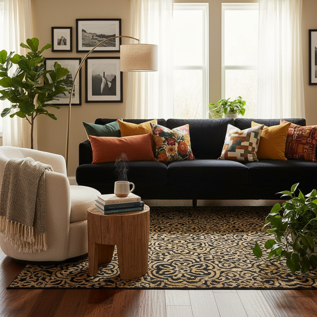 A cozy living room setting featuring warm and inviting home accessories. In the foreground, a plush, beige area rug lays on a hardwood floor, with a soft, textured throw blanket draped over a stylish armchair. A small round coffee table made of rustic wood holds a steaming cup of tea and a few decorative books. In the middle ground, a comfortable sofa adorned with an array of colorful, patterned cushions invites relaxation, while a floor lamp casts a soft, warm glow over the space. In the background, a gallery wall displays framed art and photographs that add a personal touch. Large windows allow natural light to filter in, creating a welcoming atmosphere that feels like home. The scene conveys a sense of tranquility and warmth, perfect for showcasing home decor items that enhance comfort.