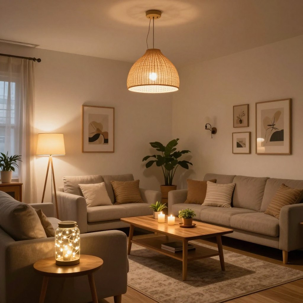 A cozy living room showcasing an array of budget-friendly lighting solutions that enhance the space. In the foreground, a stylish floor lamp with a warm-toned shade stands beside a plush couch, casting a soft glow. On a nearby side table, a decorative string light jar adds a charming touch. The middle of the room features a ceiling pendant light made from natural materials, illuminating a wooden coffee table adorned with candles and plants. In the background, a chic wall-mounted sconce adds ambiance to a gallery wall of art. The atmosphere is inviting and serene, captured in soft, diffused lighting, with a focus on warm colors. The image is taken from a slightly elevated angle to emphasize the lighting features and create a sense of depth in the space. A cozy living room showcasing an array of budget-friendly lighting solutions that enhance the space. In the foreground, a stylish floor lamp with a warm-toned shade stands beside a plush couch, casting a soft glow. On a nearby side table, a decorative string light jar adds a charming touch. The middle of the room features a ceiling pendant light made from natural materials, illuminating a wooden coffee table adorned with candles and plants. In the background, a chic wall-mounted sconce adds ambiance to a gallery wall of art. The atmosphere is inviting and serene, captured in soft, diffused lighting, with a focus on warm colors. The image is taken from a slightly elevated angle to emphasize the lighting features and create a sense of depth in the space.