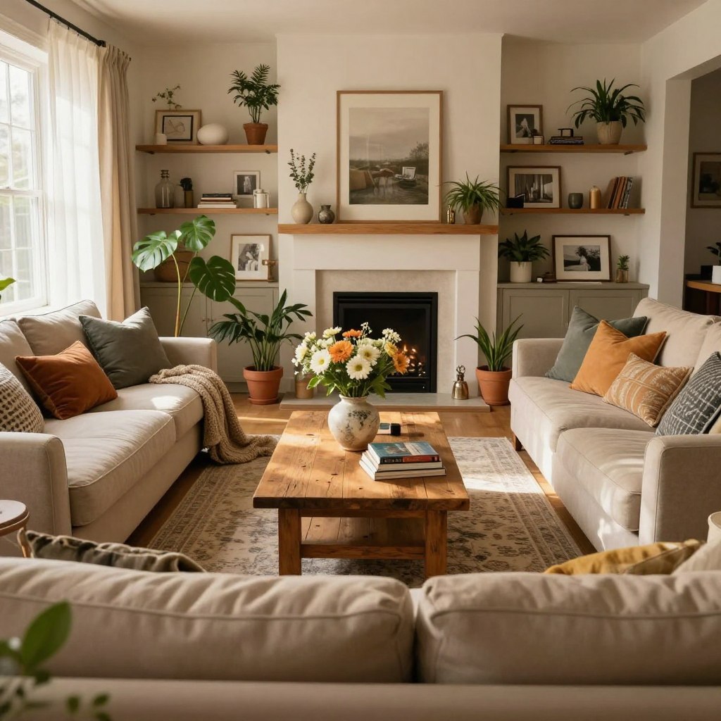 A cozy living space filled with homey interior design elements, showcasing a warm atmosphere. In the foreground, a plush, oversized beige sofa adorned with colorful throw pillows, a soft knitted blanket draped across one arm. A rustic wooden coffee table sits center stage, topped with a ceramic vase holding fresh flowers, and a stack of artfully arranged books. In the middle ground, a chic area rug with a subtle pattern adds texture, surrounded by potted green plants that breathe life into the space. The background features a softly lit fireplace framed by built-in shelves filled with curated decor items and framed photographs. Natural light filters through sheer curtains, casting gentle shadows and creating an inviting ambiance, reminiscent of a peaceful afternoon at home.