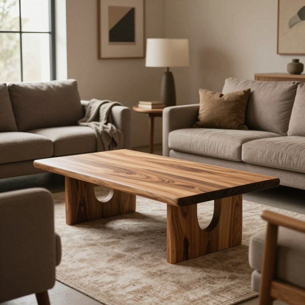 A cozy living space showcasing modern rustic furniture featuring natural wood grain patterns. In the foreground, a beautifully crafted wooden coffee table with smooth lines and a rich, warm finish sits atop a soft, textured area rug. Surrounding the table are sleek, upholstered chairs in muted earth tones, inviting relaxation. The middle ground reveals a stylish sofa with throws and cushions that complement the natural elements of the furniture. A large window filters in soft, natural light, creating a tranquil ambiance. In the background, warm-toned walls adorned with minimalist art enhance the rustic theme. The image captures a harmonious blend of warmth and sophistication, evoking a sense of comfort and serenity in the space. A cozy living space showcasing modern rustic furniture featuring natural wood grain patterns. In the foreground, a beautifully crafted wooden coffee table with smooth lines and a rich, warm finish sits atop a soft, textured area rug. Surrounding the table are sleek, upholstered chairs in muted earth tones, inviting relaxation. The middle ground reveals a stylish sofa with throws and cushions that complement the natural elements of the furniture. A large window filters in soft, natural light, creating a tranquil ambiance. In the background, warm-toned walls adorned with minimalist art enhance the rustic theme. The image captures a harmonious blend of warmth and sophistication, evoking a sense of comfort and serenity in the space.