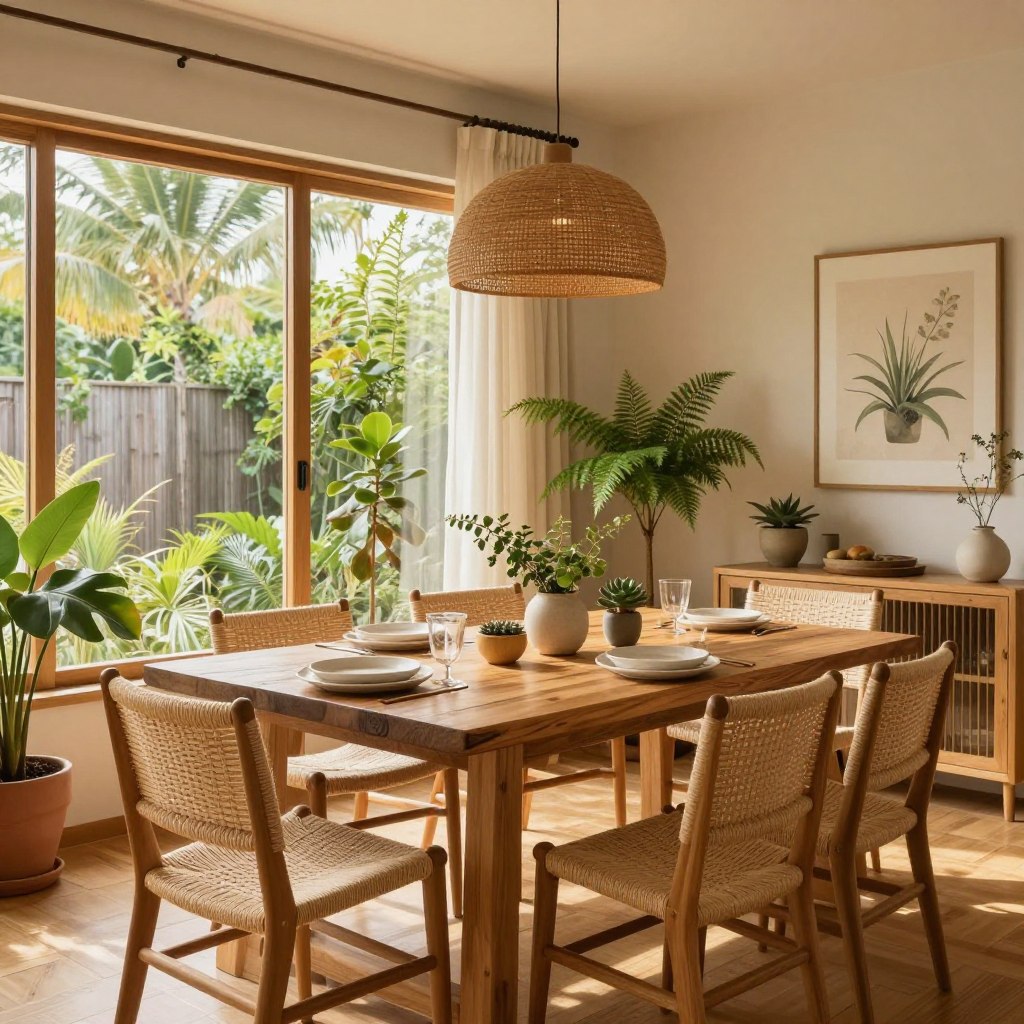 A cozy modern dining room featuring eco-friendly decor, showcasing natural wood finishes like a reclaimed dining table and woven chairs. The foreground includes a beautifully set table with organic linen tableware and simple, elegant plant centerpieces. In the middle ground, large windows allow warm, golden light to illuminate the space, enhancing the earthy tones of the bamboo flooring and indoor plants, such as ferns and succulents, that are tastefully arranged. The background is adorned with soft, nature-inspired wall art and hanging pendant lights made from sustainable materials. The atmosphere is inviting and serene, perfect for family gatherings or intimate dinners, filled with a sense of harmony and connection to nature.