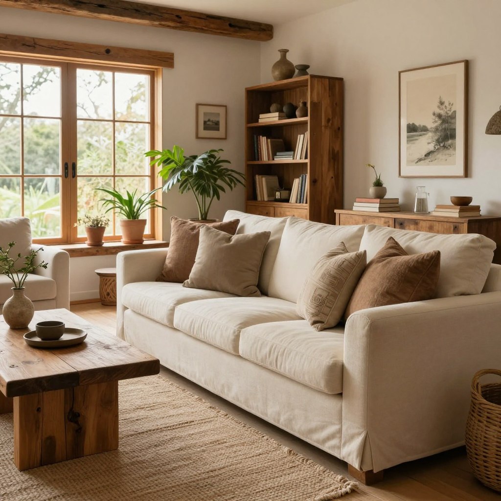 A cozy, modern living room featuring rustic home decor, showcasing natural materials like reclaimed wood and stone accents. In the foreground, a plush cream-colored sofa piled with earthy-toned throw pillows invites relaxation. To the left, a handcrafted wooden coffee table sits atop a textured, woven rug. In the background, large windows bring in warm, natural light, illuminating potted plants and an antique bookshelf filled with carefully curated books and decor. The walls are adorned with subtle, nature-inspired art and warm wood paneling, creating a harmonious blend of modern simplicity and rustic charm. The overall atmosphere is warm and inviting, perfect for a family gathering or a quiet evening at home, captured from a slightly angled view to give depth and dimension to the space. A cozy, modern living room featuring rustic home decor, showcasing natural materials like reclaimed wood and stone accents. In the foreground, a plush cream-colored sofa piled with earthy-toned throw pillows invites relaxation. To the left, a handcrafted wooden coffee table sits atop a textured, woven rug. In the background, large windows bring in warm, natural light, illuminating potted plants and an antique bookshelf filled with carefully curated books and decor. The walls are adorned with subtle, nature-inspired art and warm wood paneling, creating a harmonious blend of modern simplicity and rustic charm. The overall atmosphere is warm and inviting, perfect for a family gathering or a quiet evening at home, captured from a slightly angled view to give depth and dimension to the space.