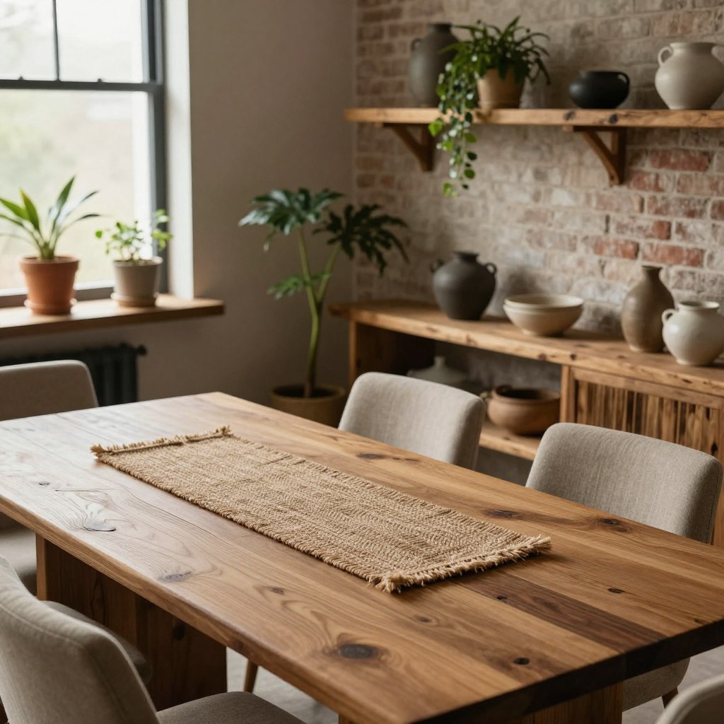 A cozy organic modern dining room featuring an array of textured natural materials. In the foreground, a rustic wooden dining table with visible grain patterns and a woven centerpiece made of jute. The middle ground showcases comfortable, neutral-toned dining chairs upholstered in soft, organic fabric. Reclaimed wood shelves are adorned with potted plants and artisanal pottery. In the background, a large window allows soft, diffused natural light to filter in, casting gentle shadows across the space. A wall made of exposed brick enhances the earthy atmosphere, while warm, muted colors create a welcoming ambiance. Capture this scene from a slightly elevated angle, emphasizing the interplay of textures and materials to evoke a sense of tranquility and warmth.